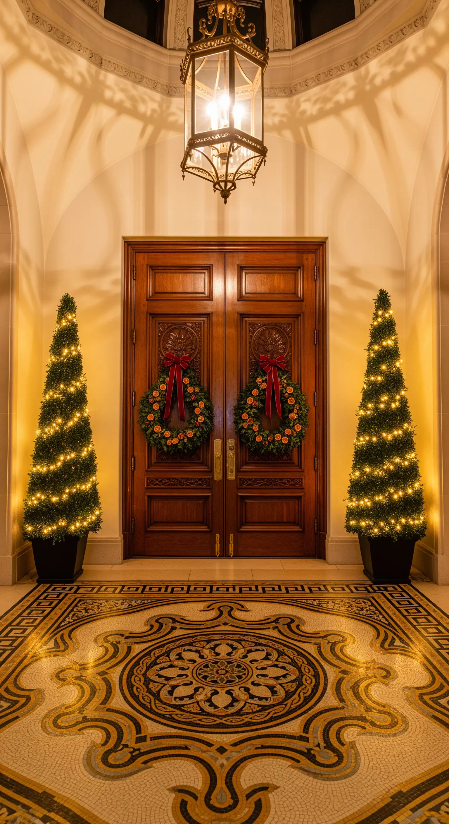 Beleuchtete Zuckerhutfichten und Kränze im Eingangsbereich