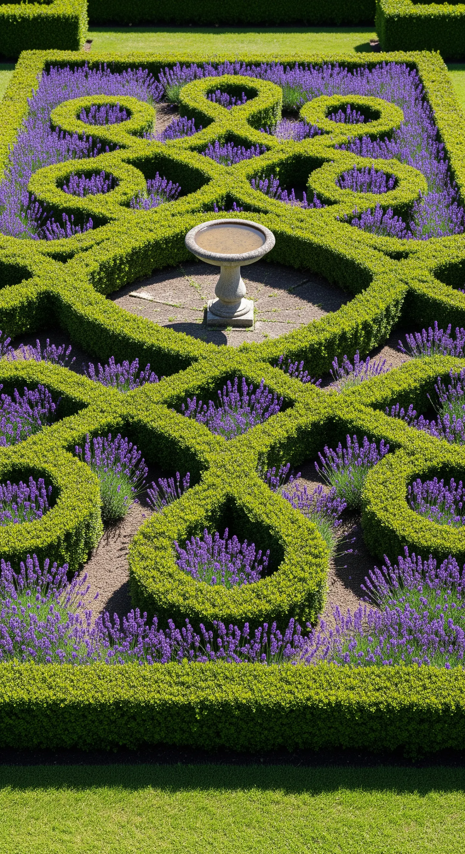 Geometrisches Gartenbeet mit Buchsbaum, Lavendel und Vogeltränke