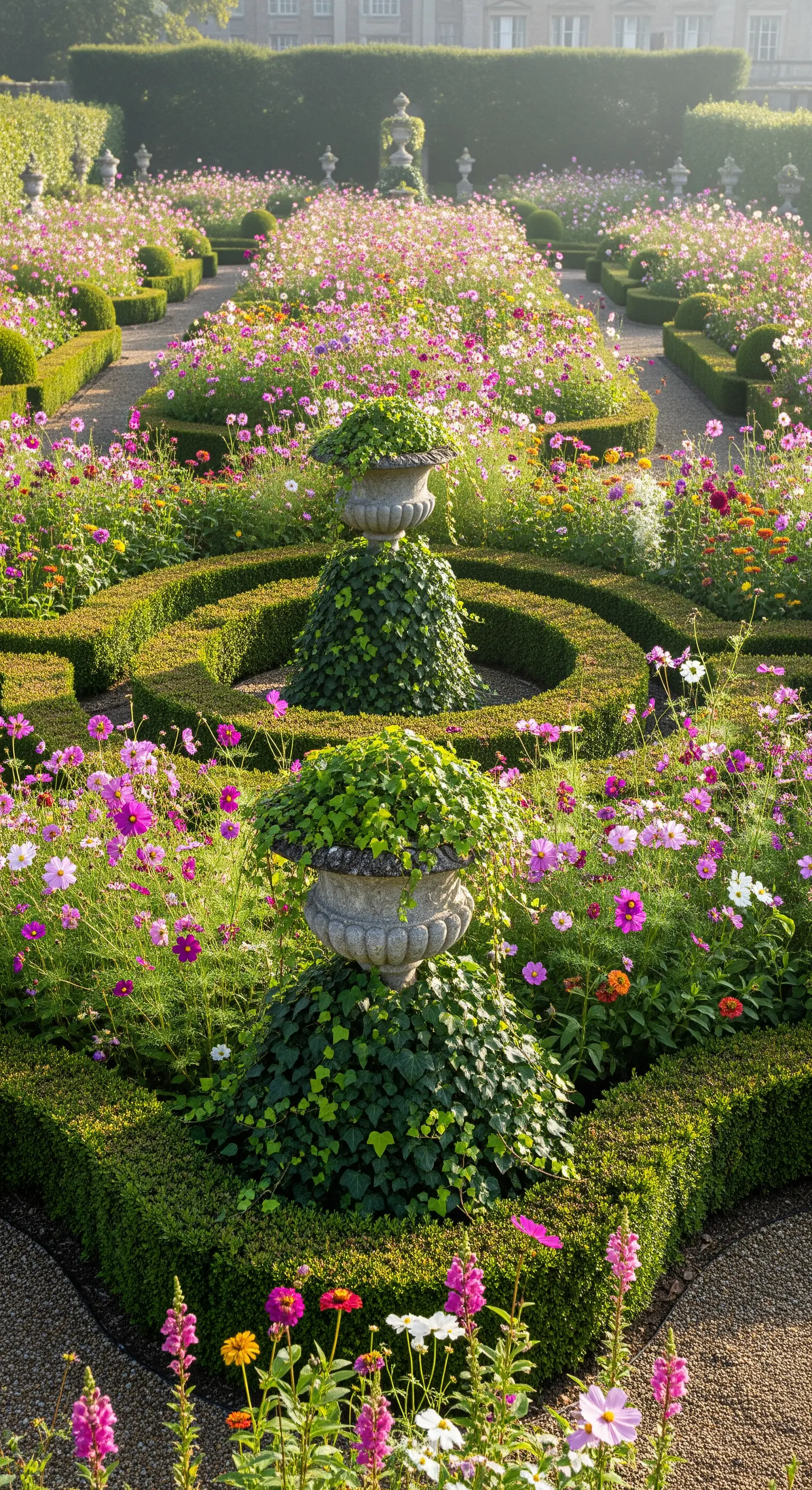 Formaler Knotengarten mit Buchsbaumhecken gefüllt mit wilden rosa Kosmeen