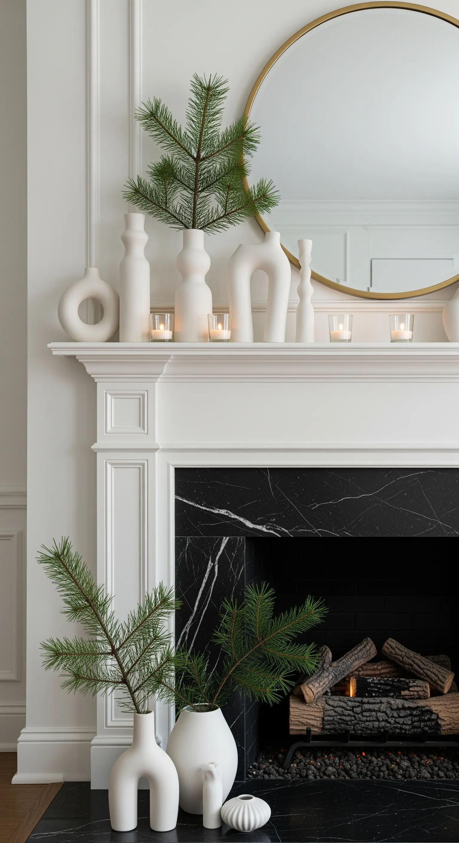 Weiße skulpturale Vasen vor schwarzem Kamin