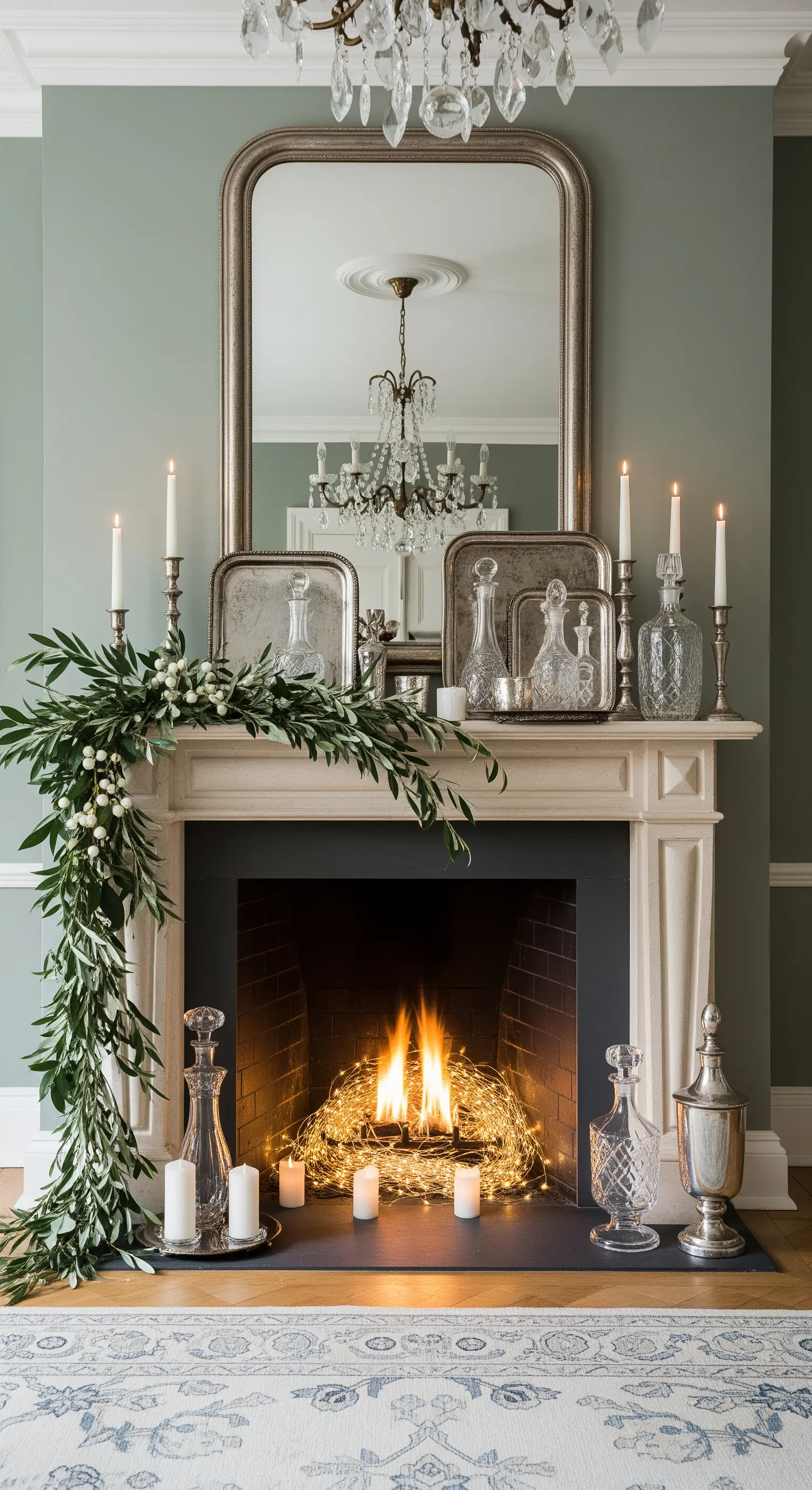 Silbertabletts und Kristallkaraffen auf elegantem Kamin