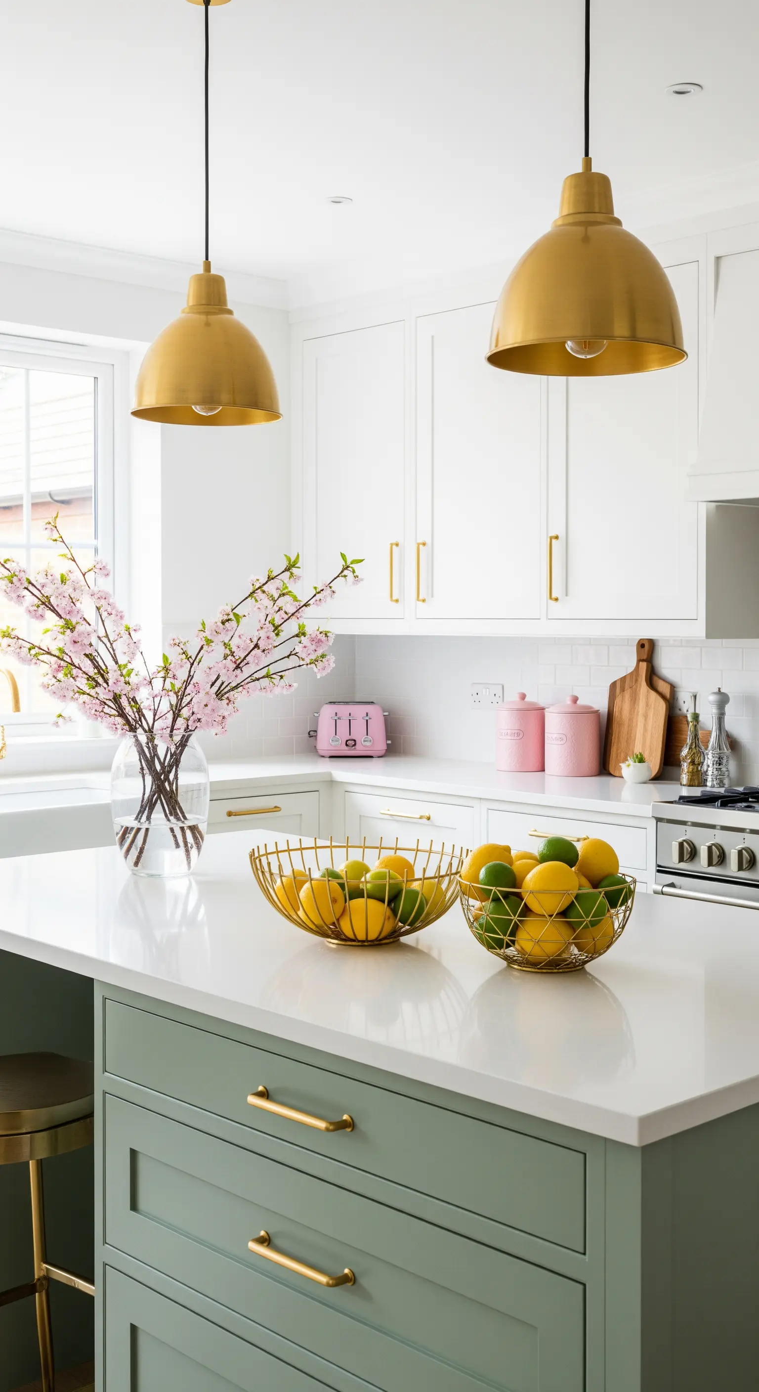 Weiße Küche mit goldenen Pendelleuchten und Zitrusfrüchten