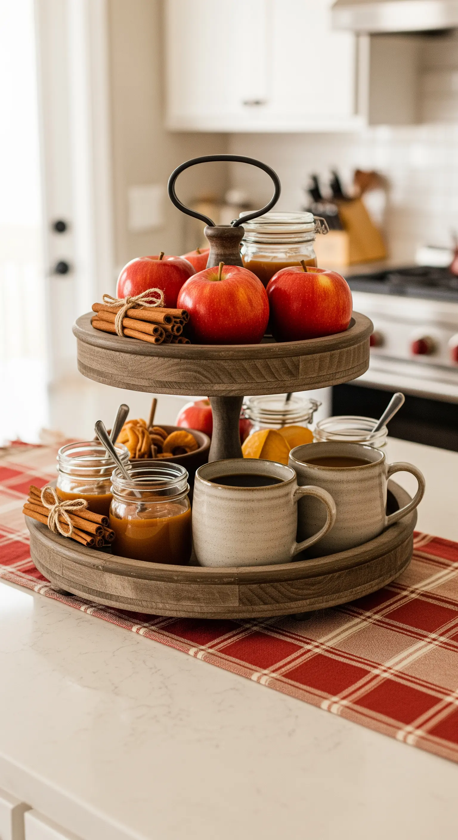 Holzetagere mit roten Äpfeln, Zimtstangen, Karamellsoße und Bechern