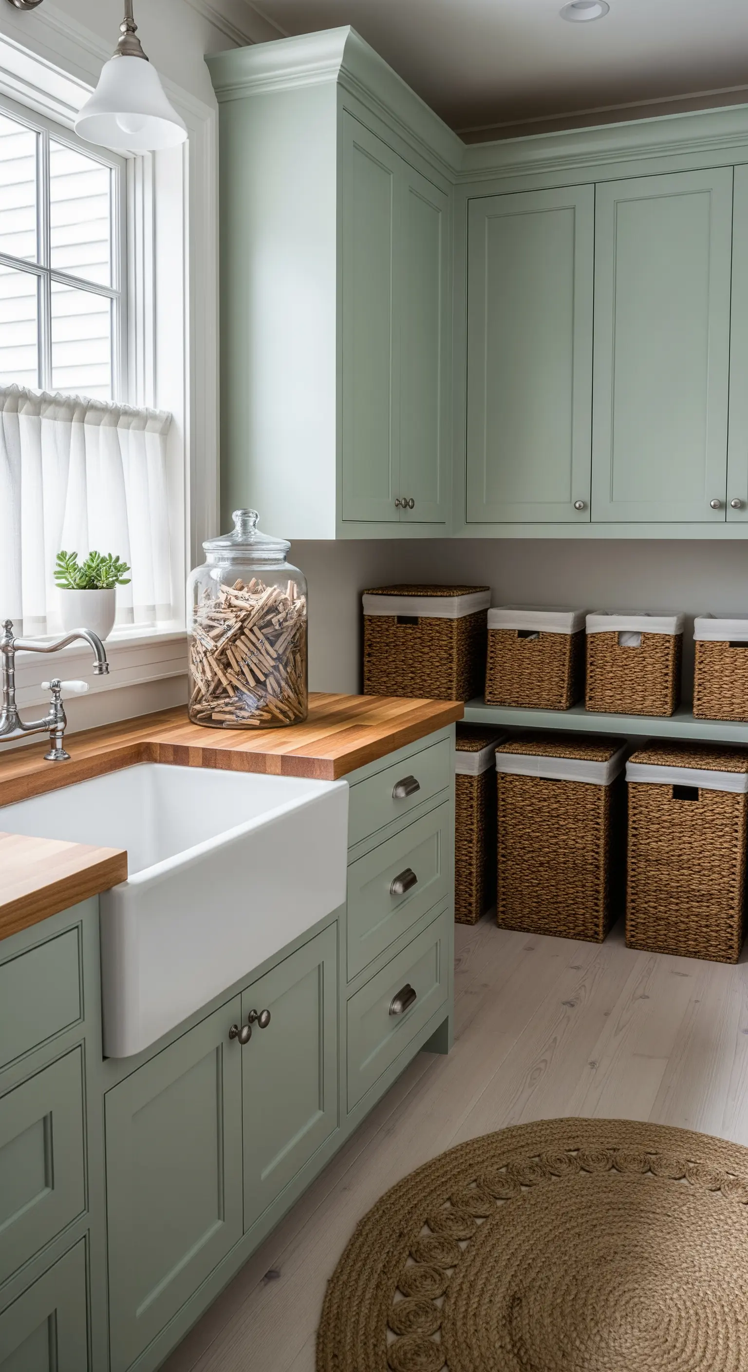 Hauswirtschaftsraum mit grünen Schränken und Körben