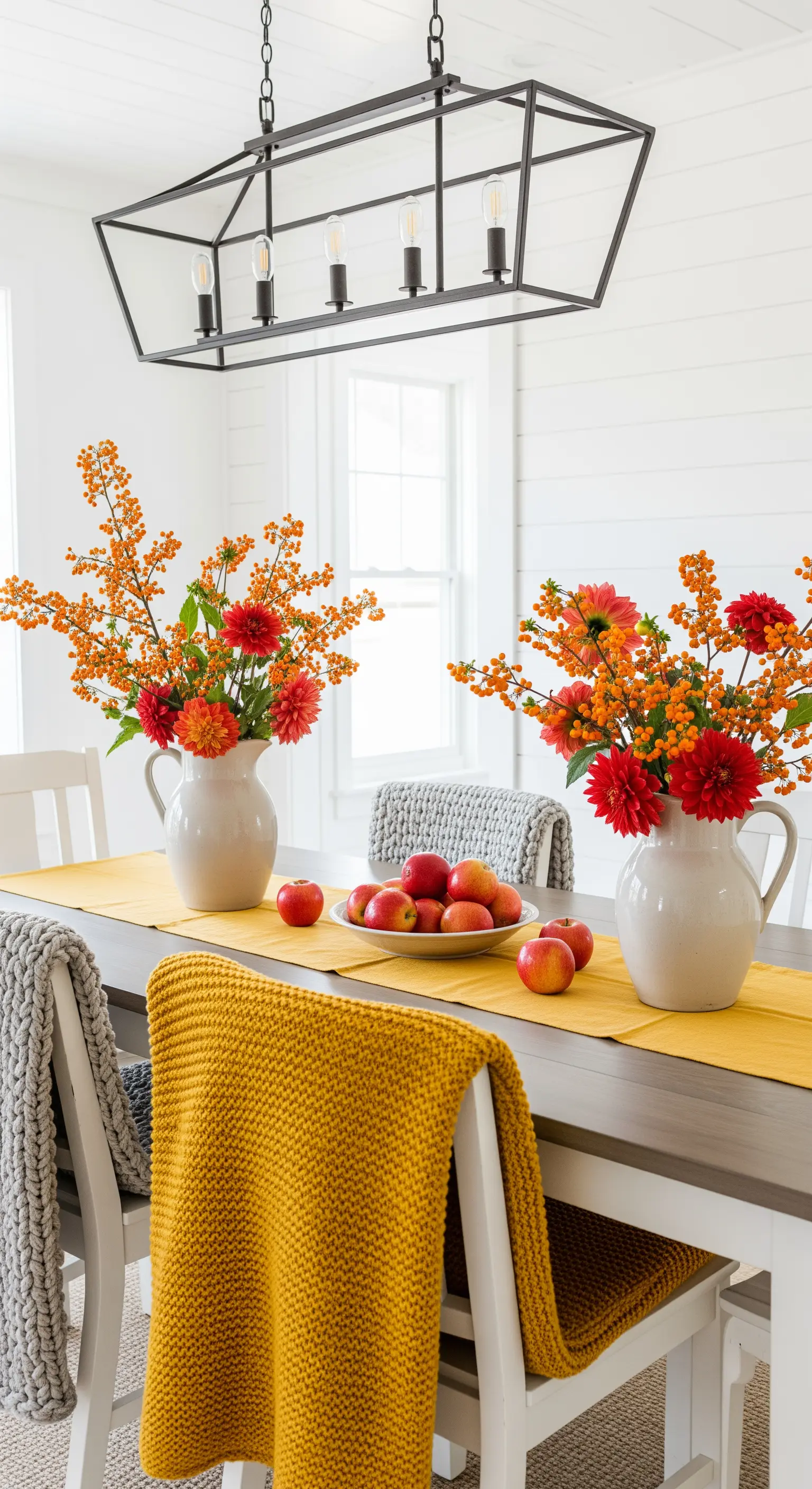 Weiße Krüge mit Blumen und rote Äpfel auf dem Tisch