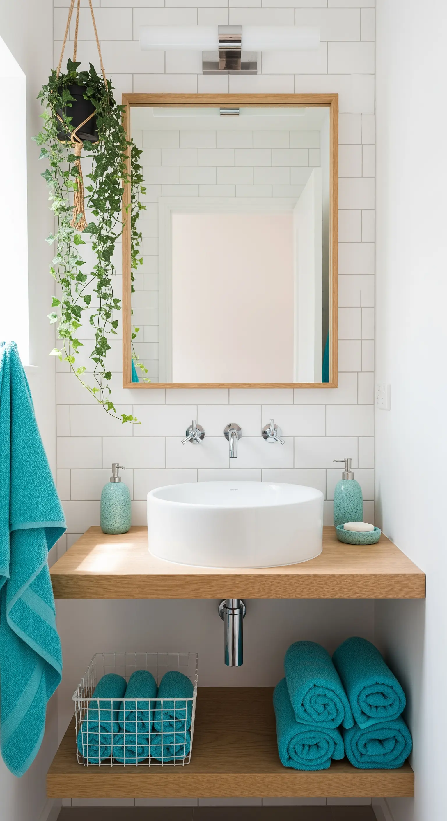 Badezimmer mit Holzwaschtisch, Pflanzen und türkisem Handtuch