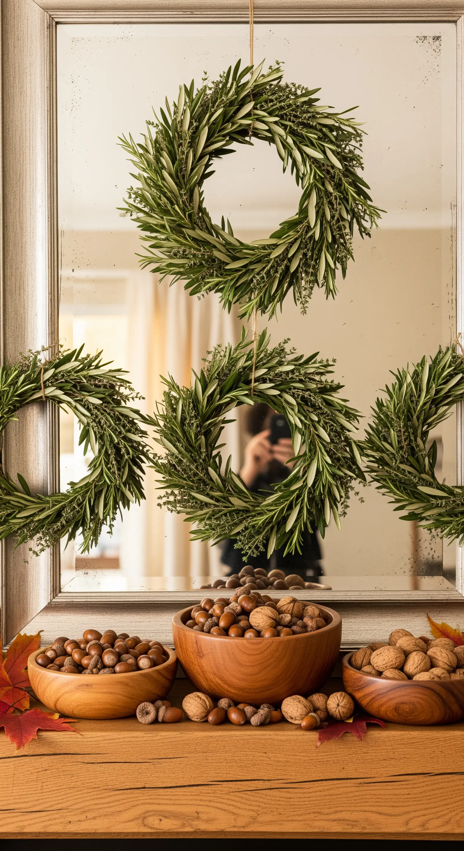 Drei grüne Kräuterkränze über Kaminspiegel und Nussschalen