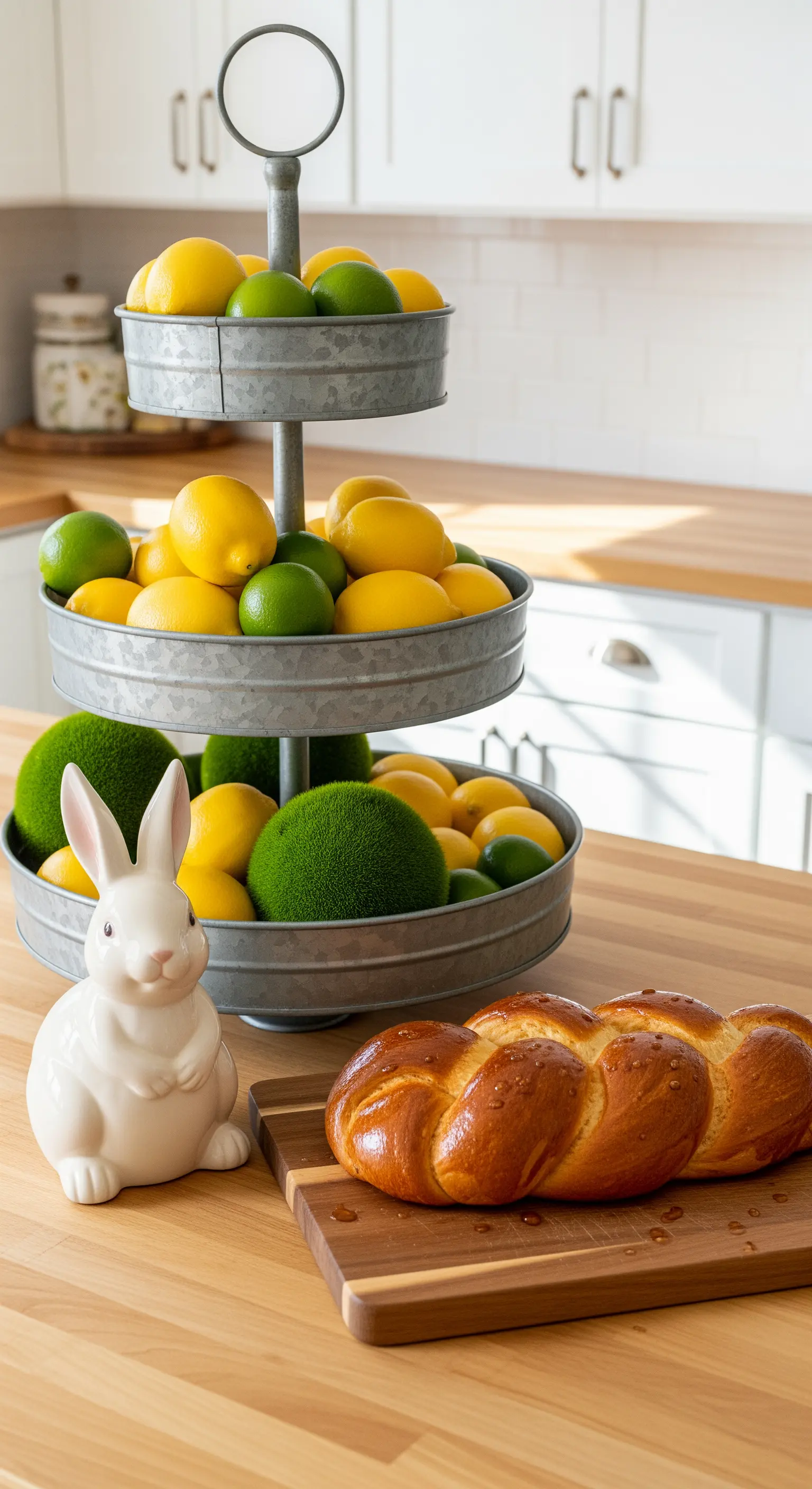 Metall-Etagere gefüllt mit Zitronen, Limetten und Mooskugeln