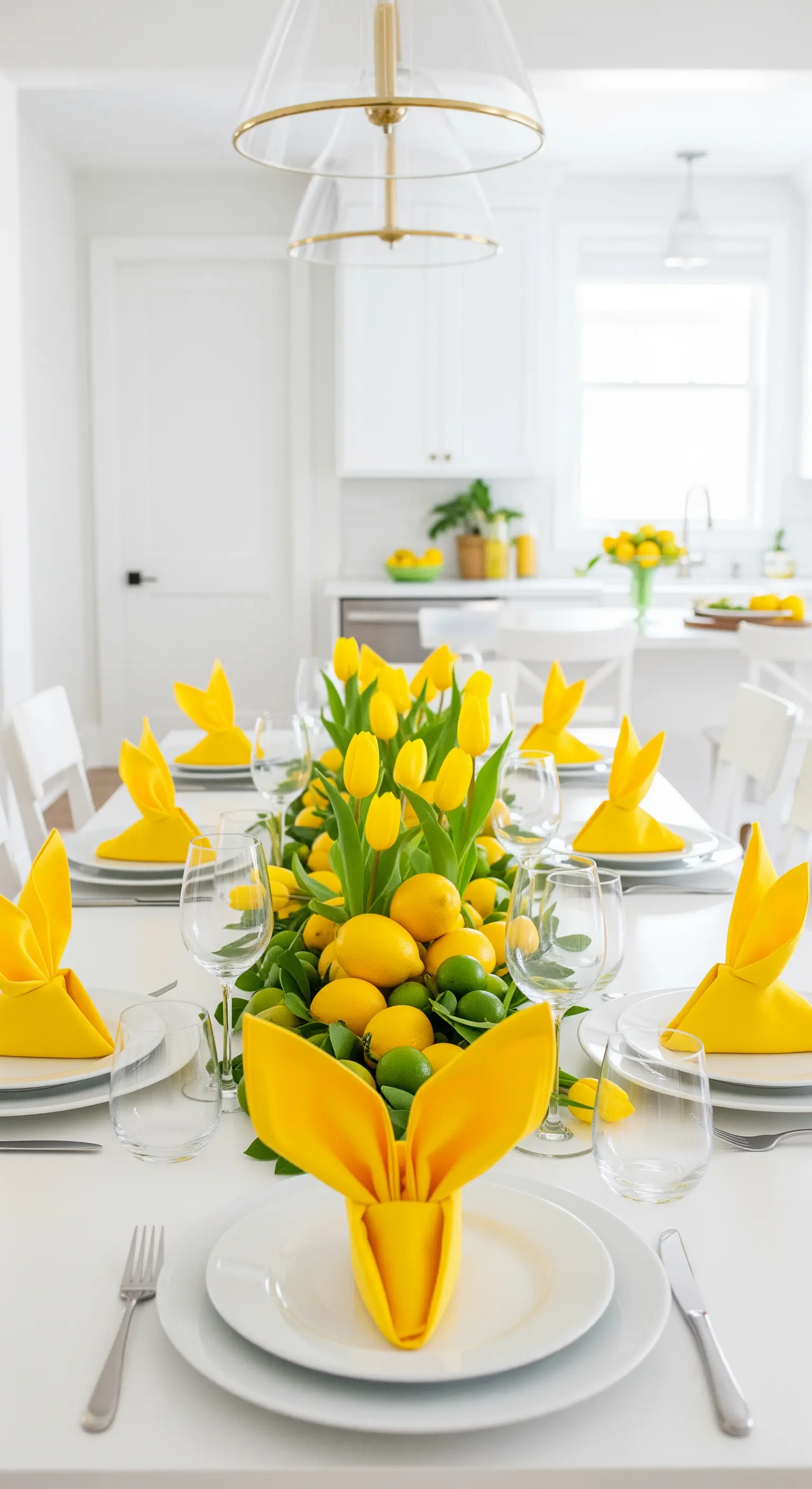 Weißer Tisch mit gelben Servietten in Hasenform gefaltet und Zitrusfrüchten als Deko