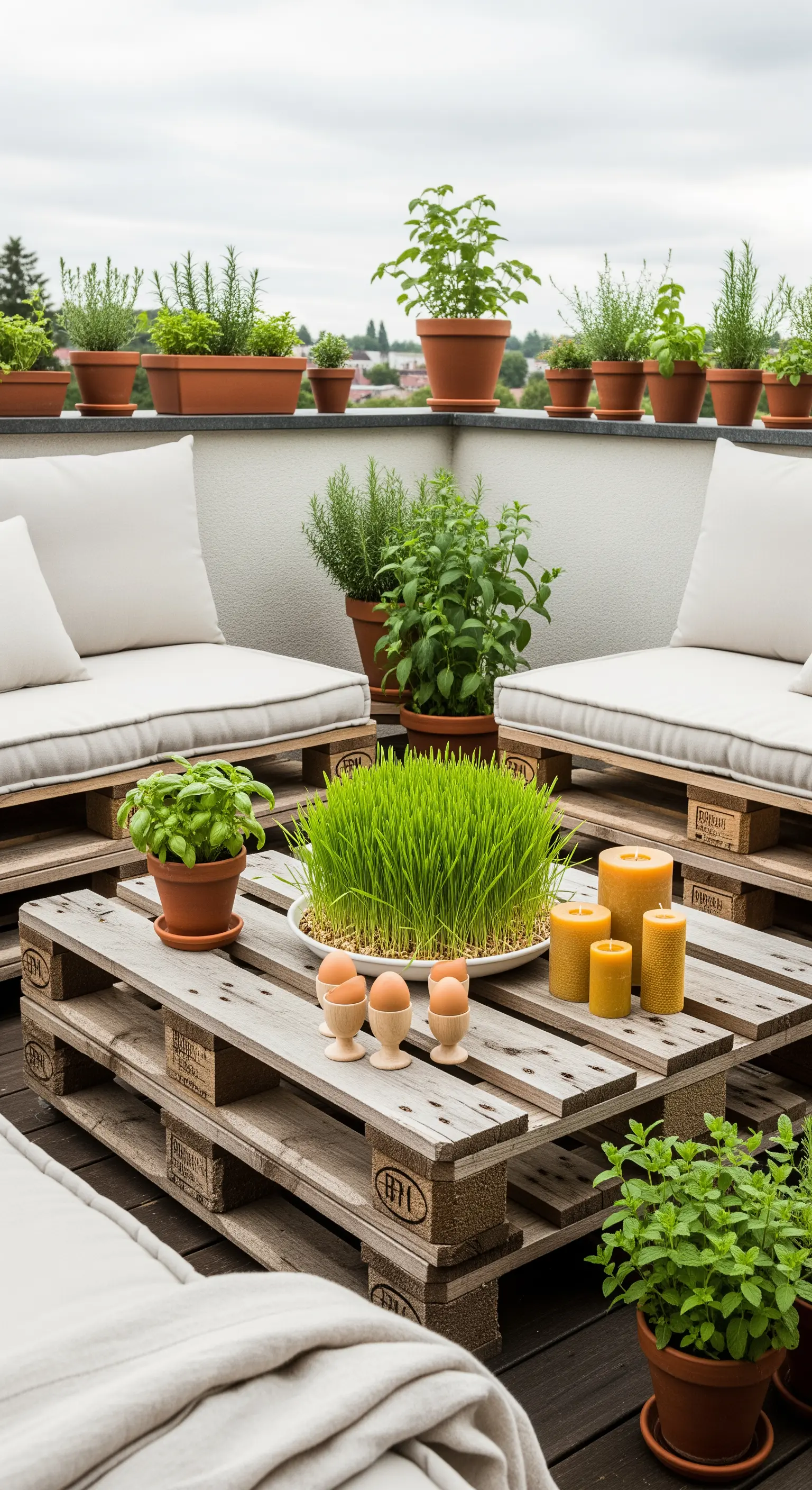 Palettentisch mit Weizengras und Bienenwachskerzen