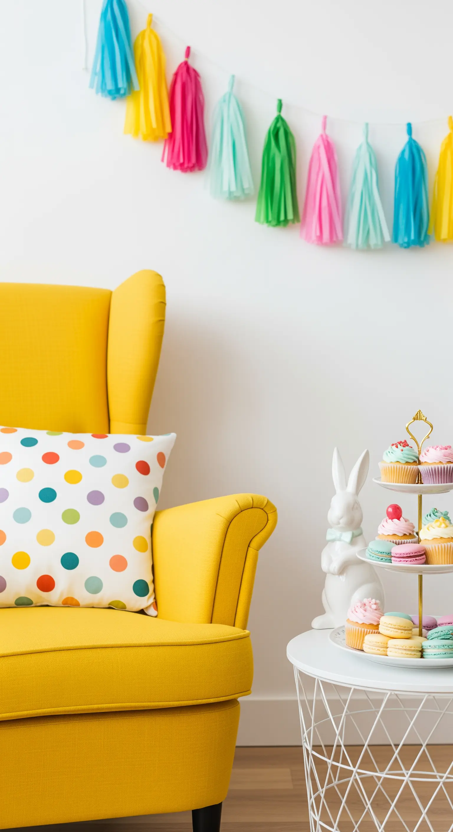 Gelber Sessel mit Wimpelkette und Cupcake-Etagere