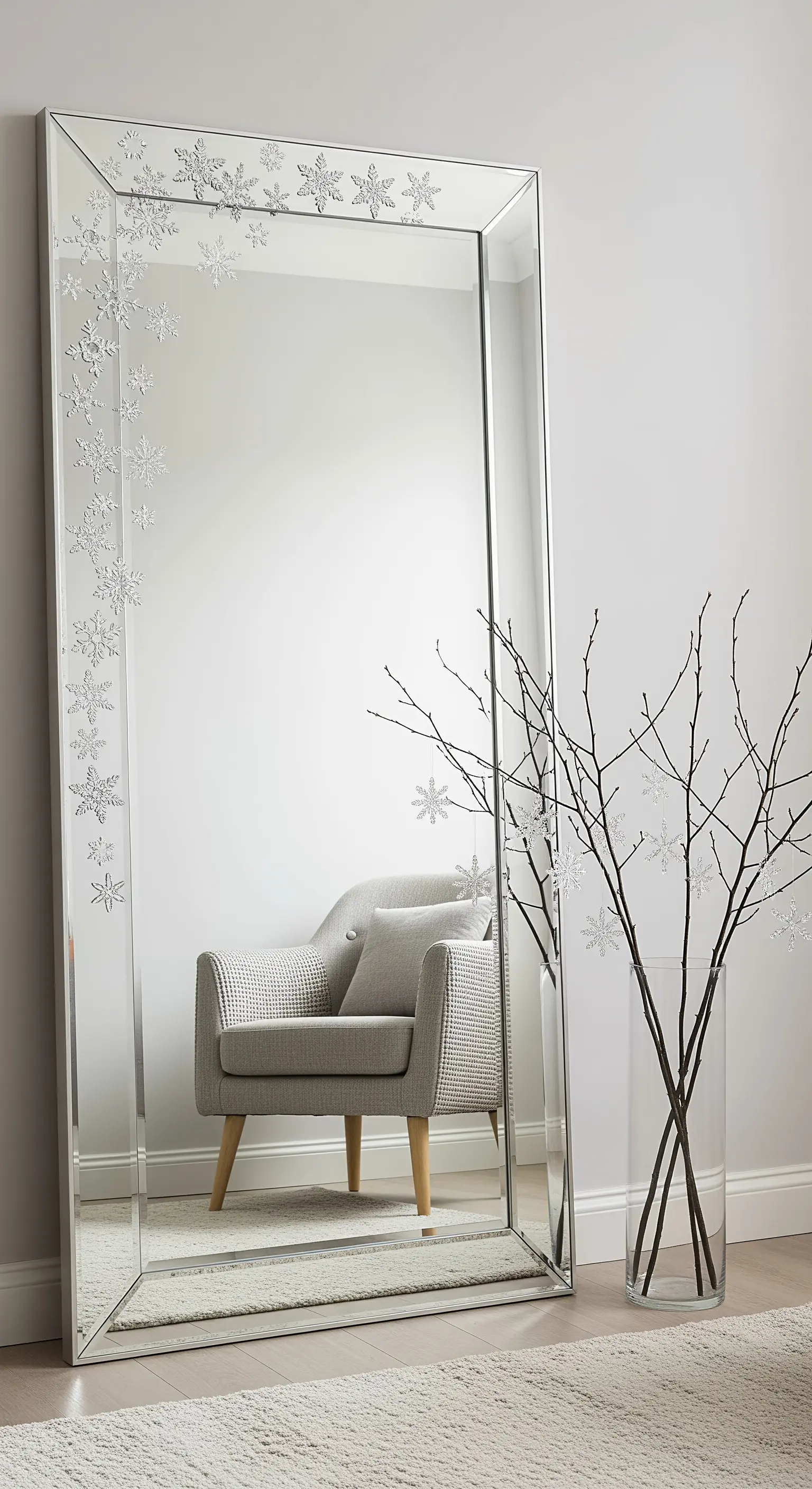 Großer Standspiegel mit Schneeflocken-Verzierung am Rand