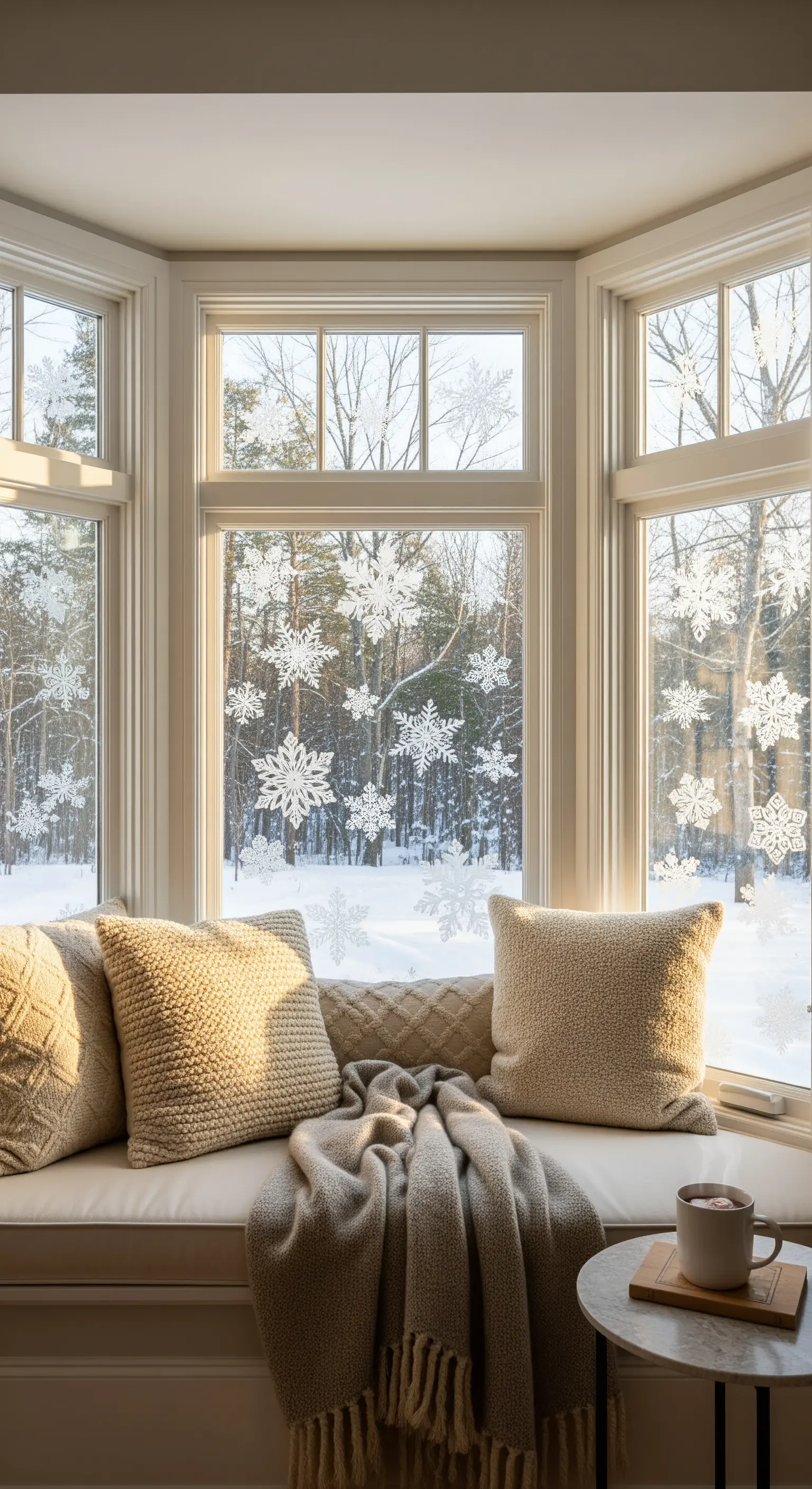 Erkerfenster mit Schneeflocken-Aufklebern und Kissen