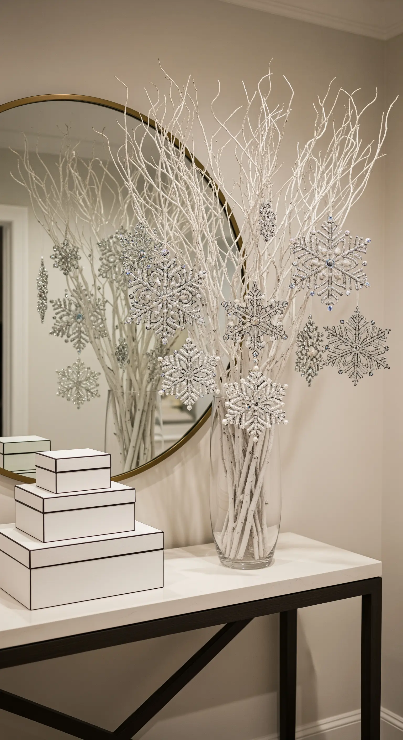 Weiße Zweige mit Juwelen-Schneeflocken auf Konsole