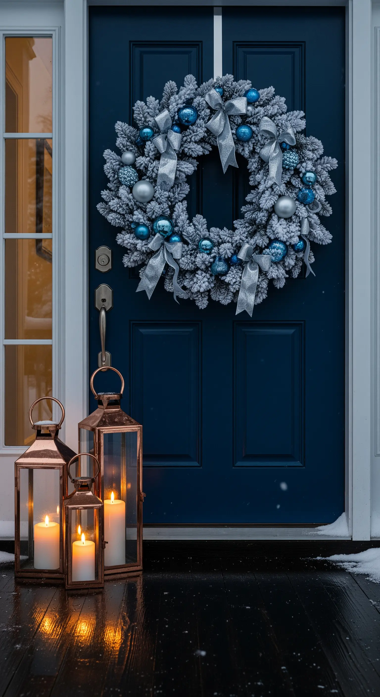Dunkelblaue Tür mit passendem blauen Kranz und Kupferlaternen