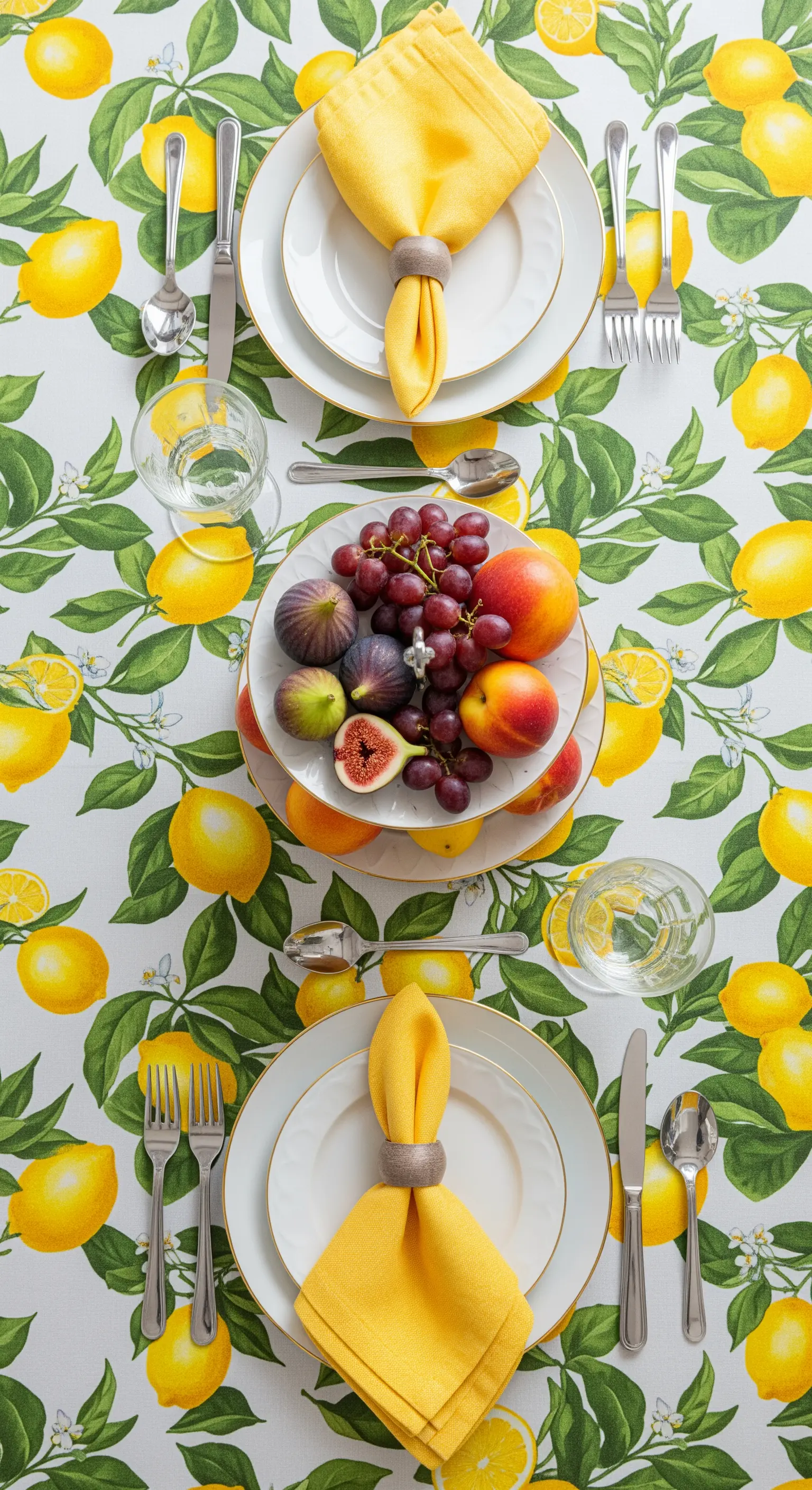 Draufsicht auf Teller mit Feigen und Zitronen-Tischdecke