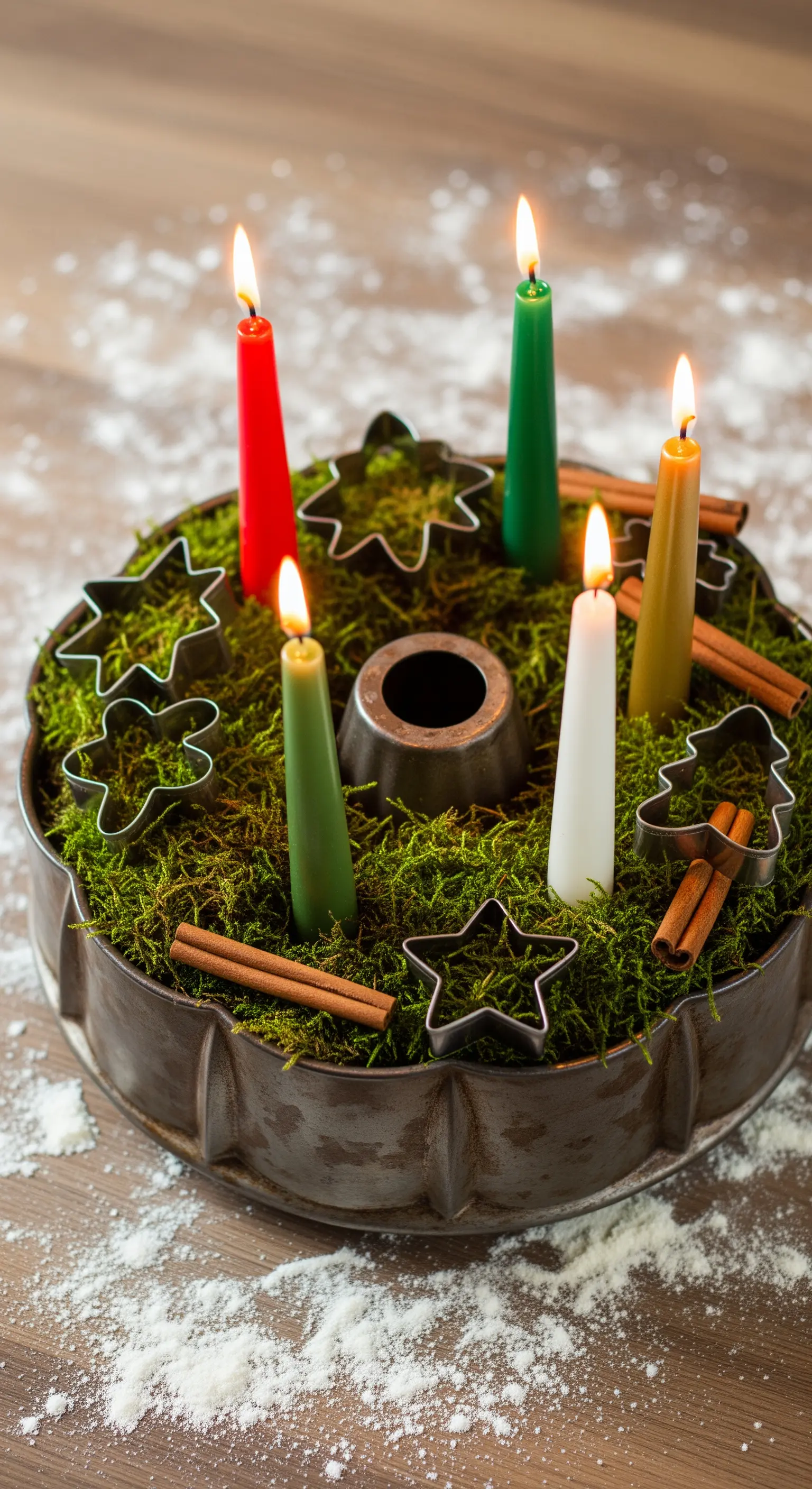 Tannenkranz dekoriert mit aufgeschnittenen Granatäpfeln, Feigen und roten Kerzen