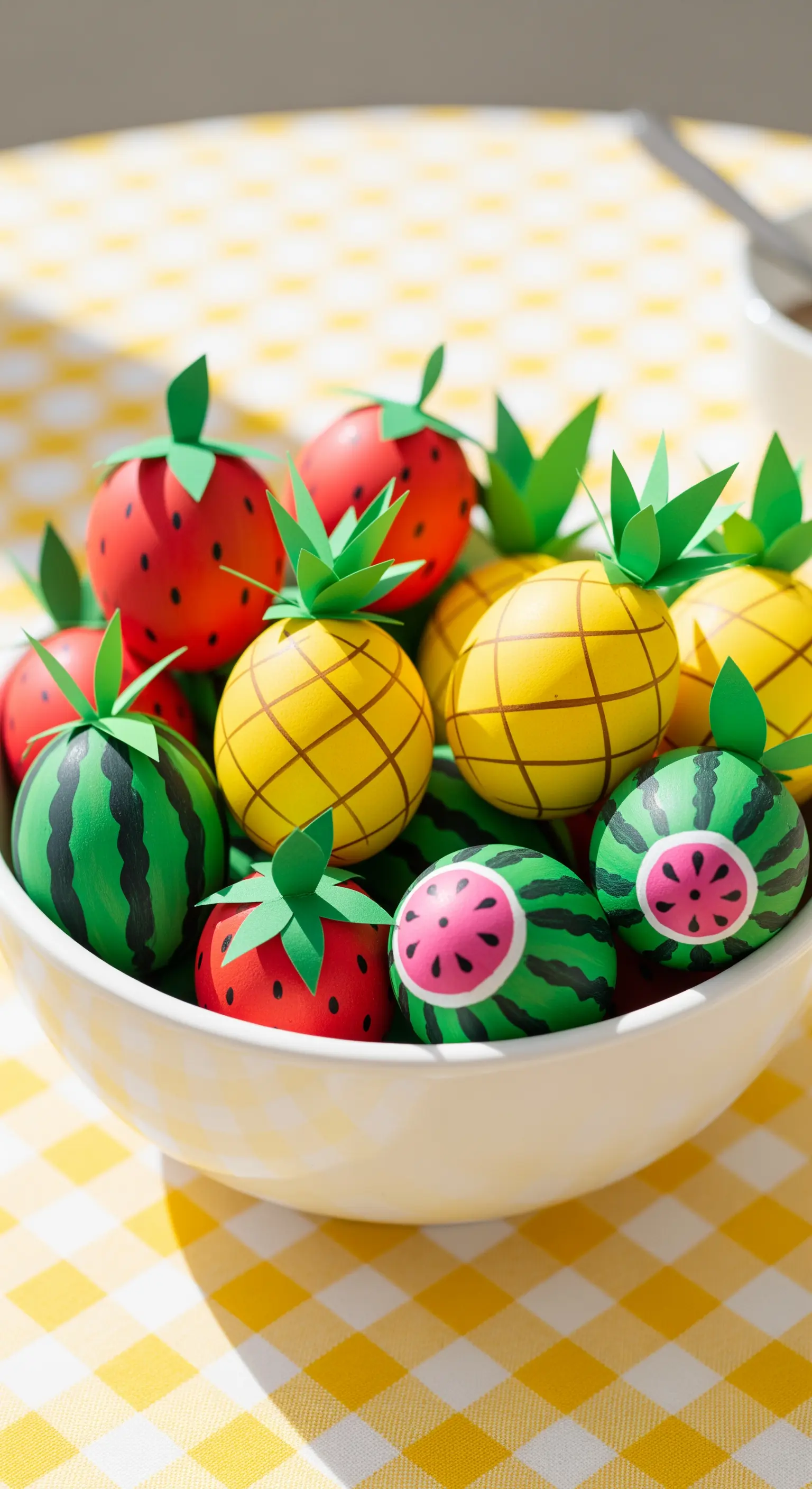 Als Früchte bemalte Ostereier in weißer Schale