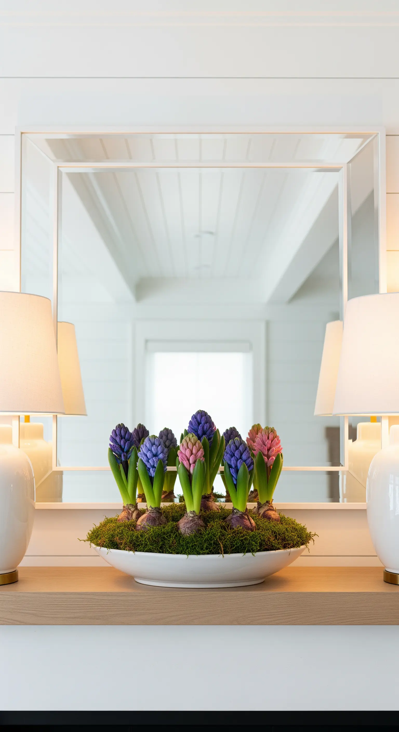 Schale mit Hyazinthen und Moos vor Spiegel auf Kaminsims