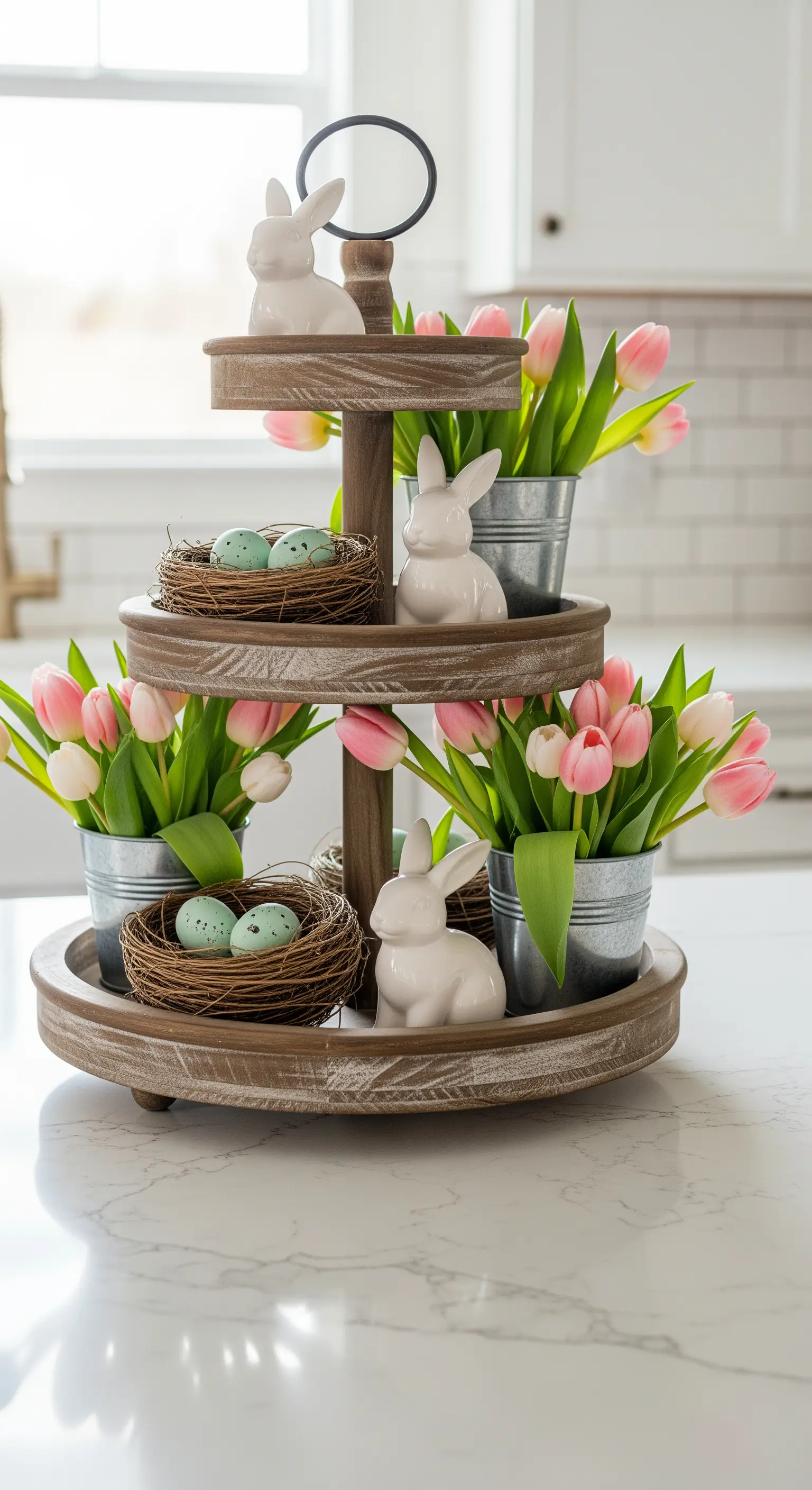 Rustikale Etagere mit Tulpen in Zinkeimern und weißen Keramikhasen