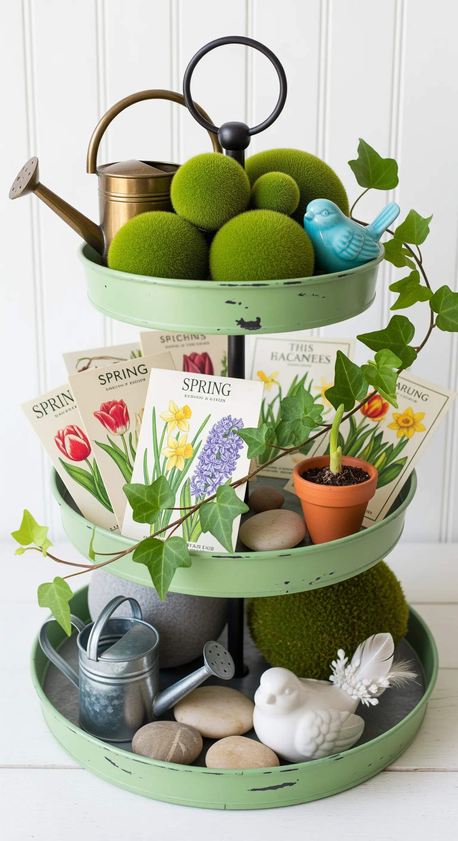Grüne Etagere mit Samentüten, Mooskugeln und kleiner Gießkanne