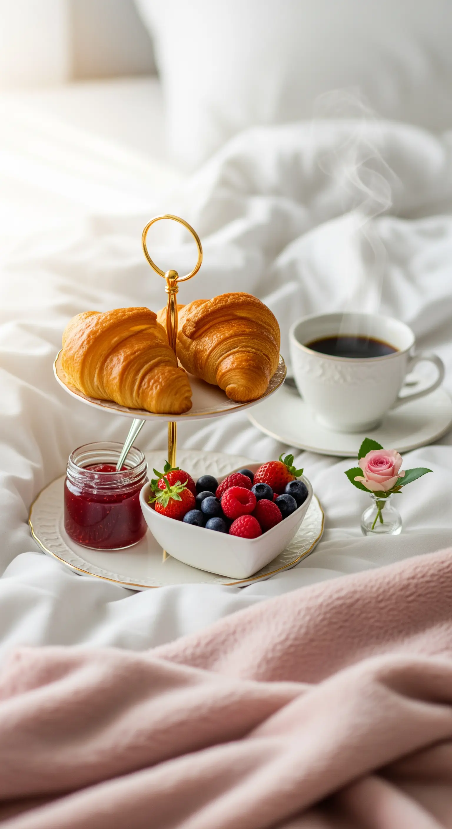 Kleine Etagere mit Croissants und Beeren im Bett