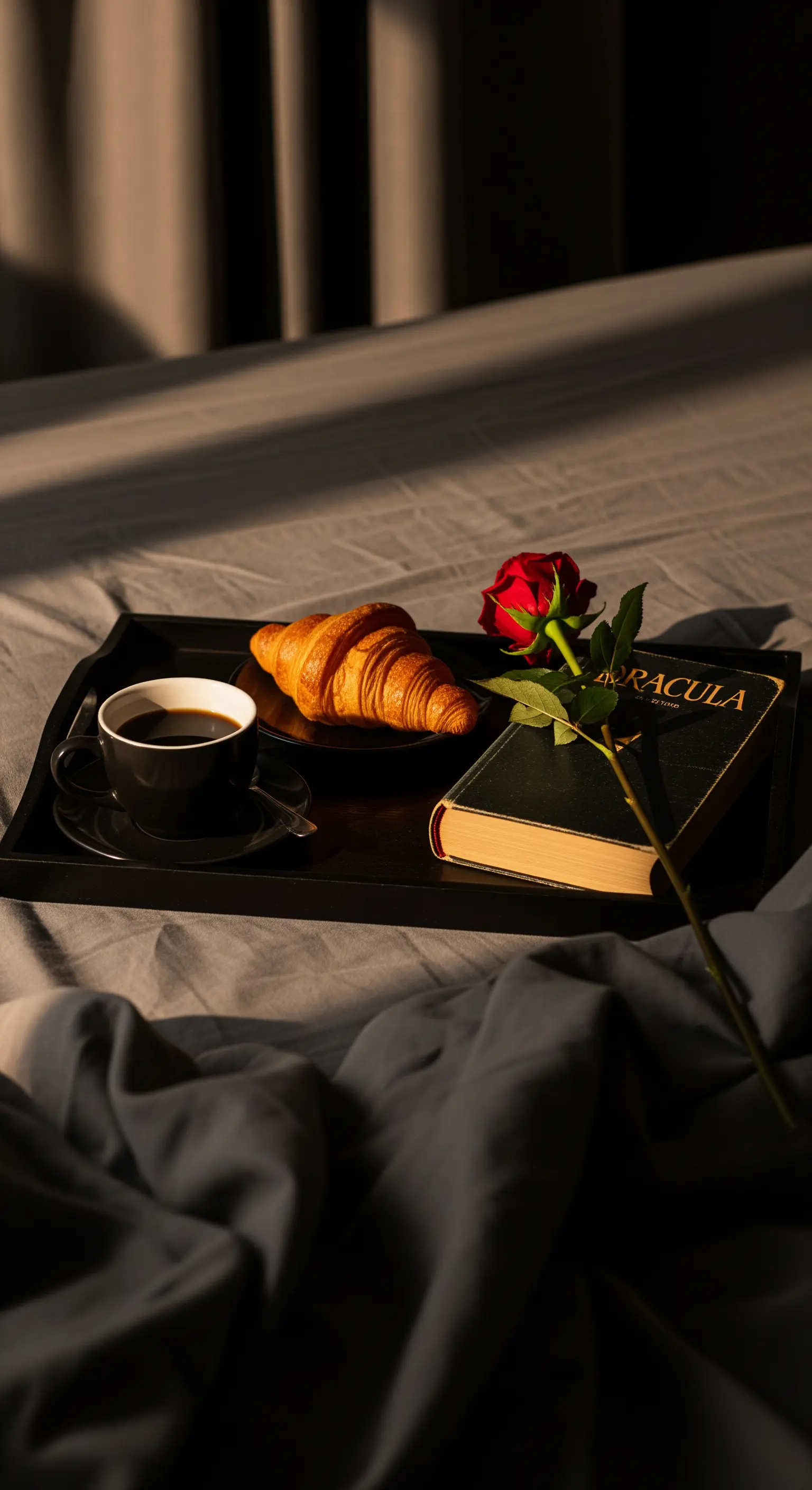 Frühstückstablett mit roter Rose und Buch