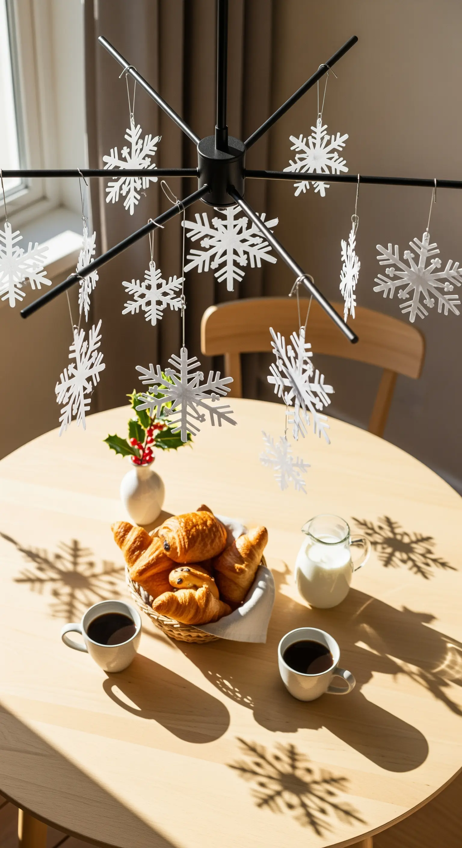 Runder Frühstückstisch mit Kaffee und Croissants, darüber ein Kronleuchter mit hängenden Schneeflocken.