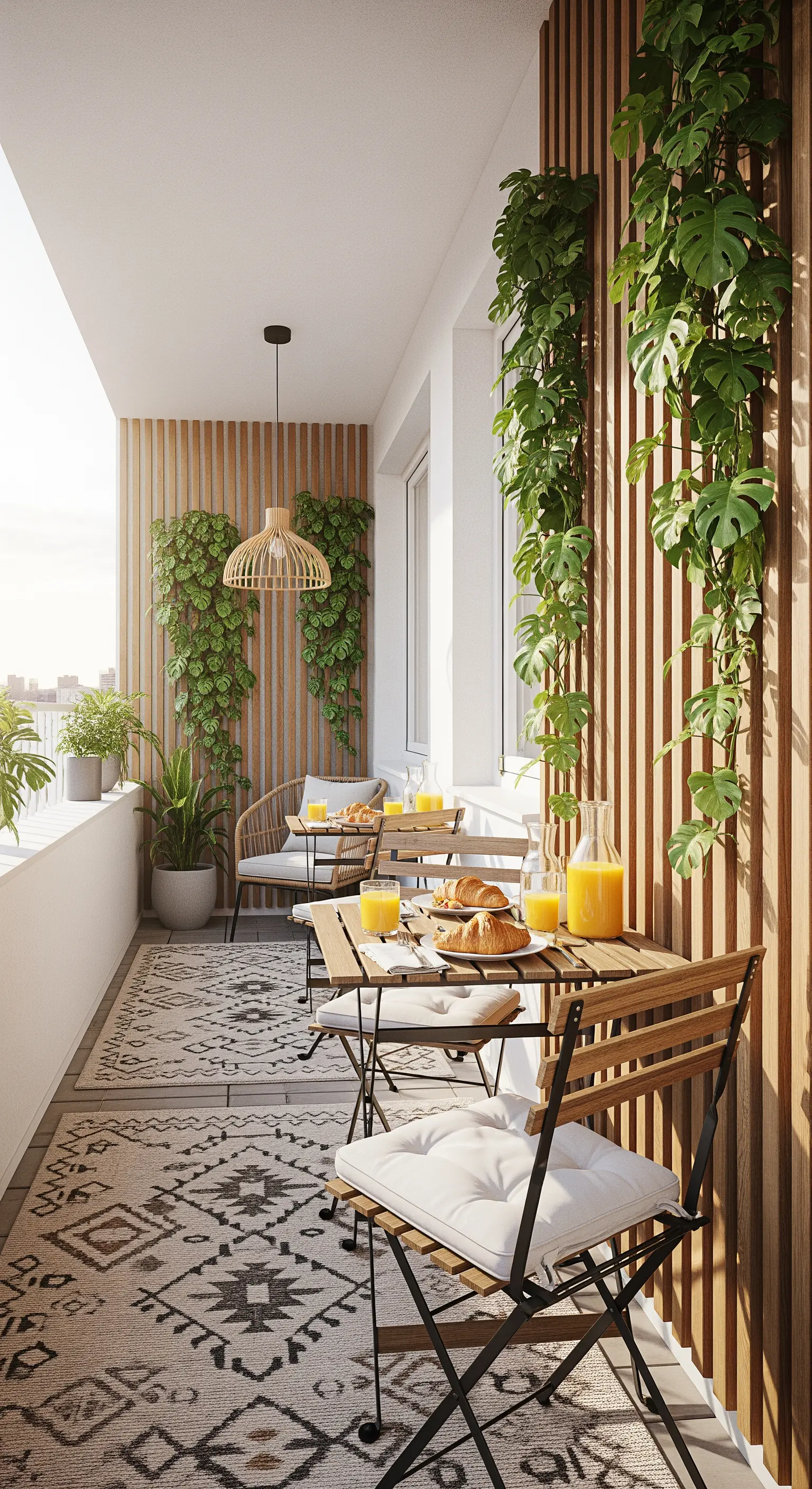 Schmaler Balkon mit Holzlamellen-Wand, hängenden Pflanzen und Bistro-Tisch