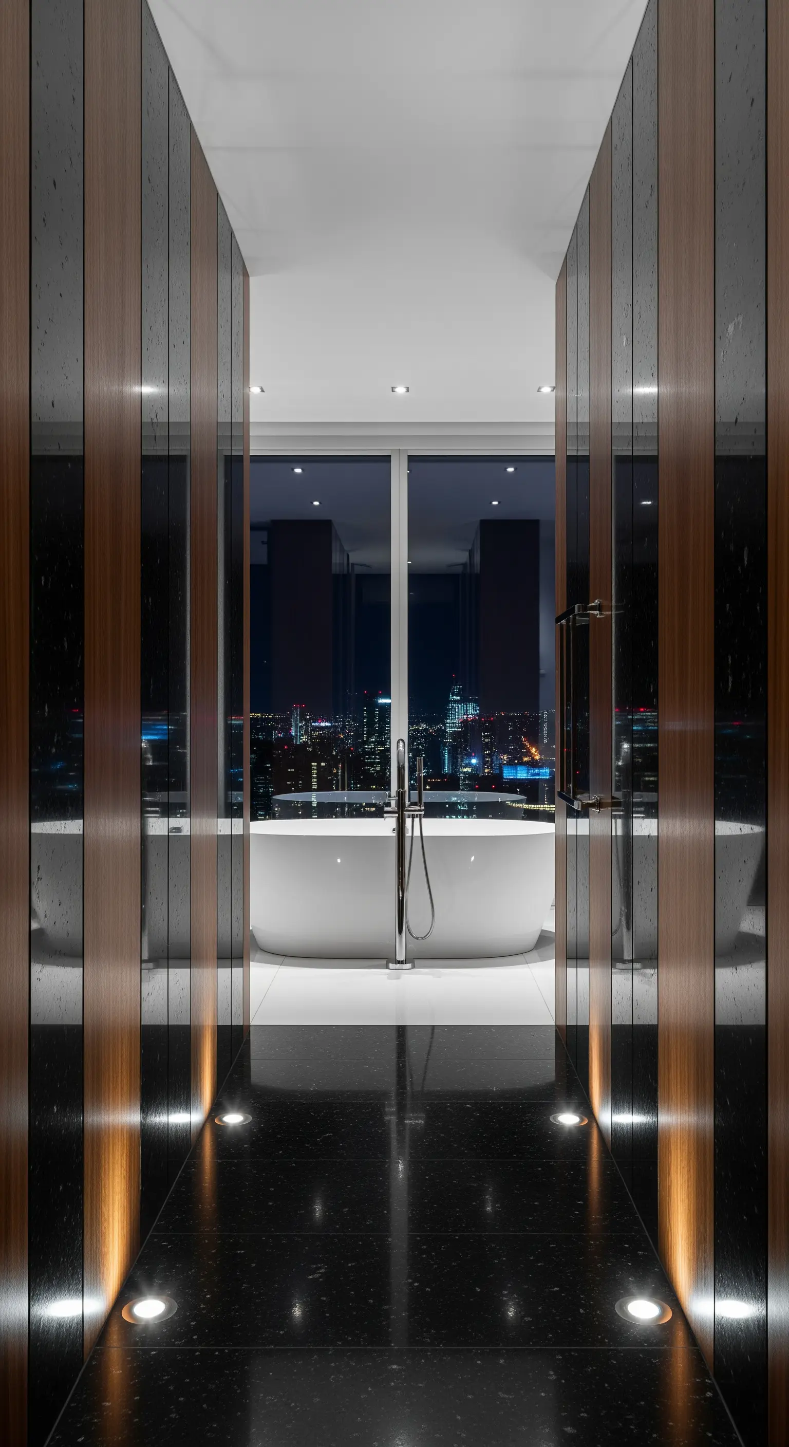 Durchgang zur Badewanne mit Holzpaneelen und Bodenleuchten