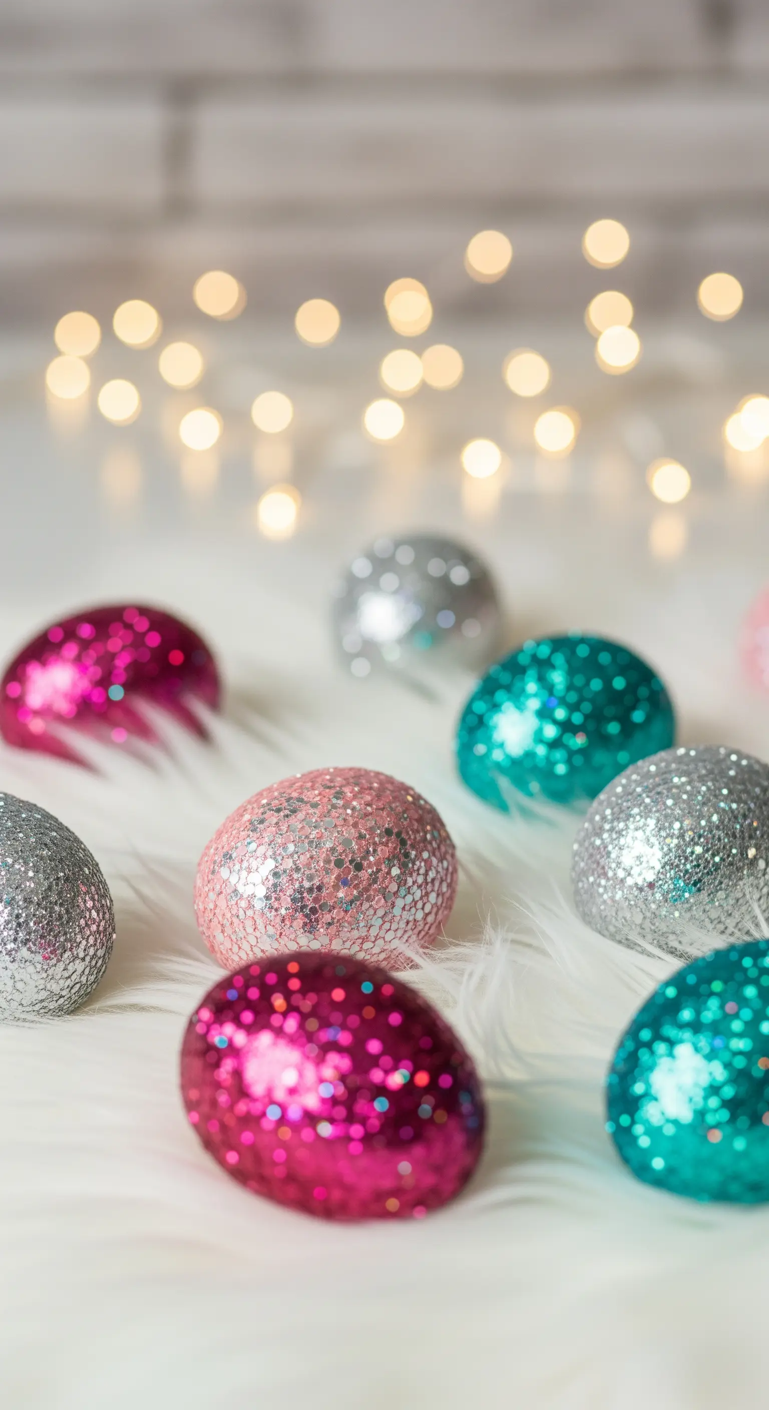 Glitzernde Ostereier in Pink, Türkis und Silber auf Fell