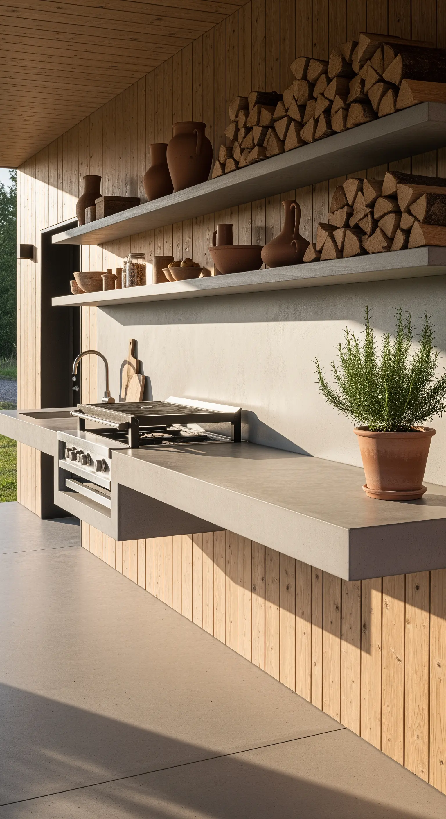 Moderne Beton-Outdoor-Küche mit Holzregalen und Brennholz