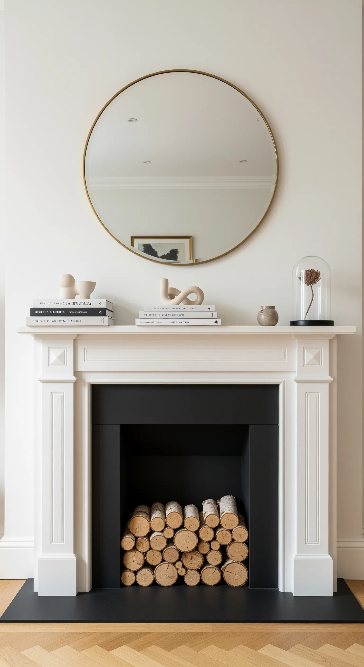 Gestapelte Birkenholzscheite im schwarzen Kamin, minimalistische Deko oben