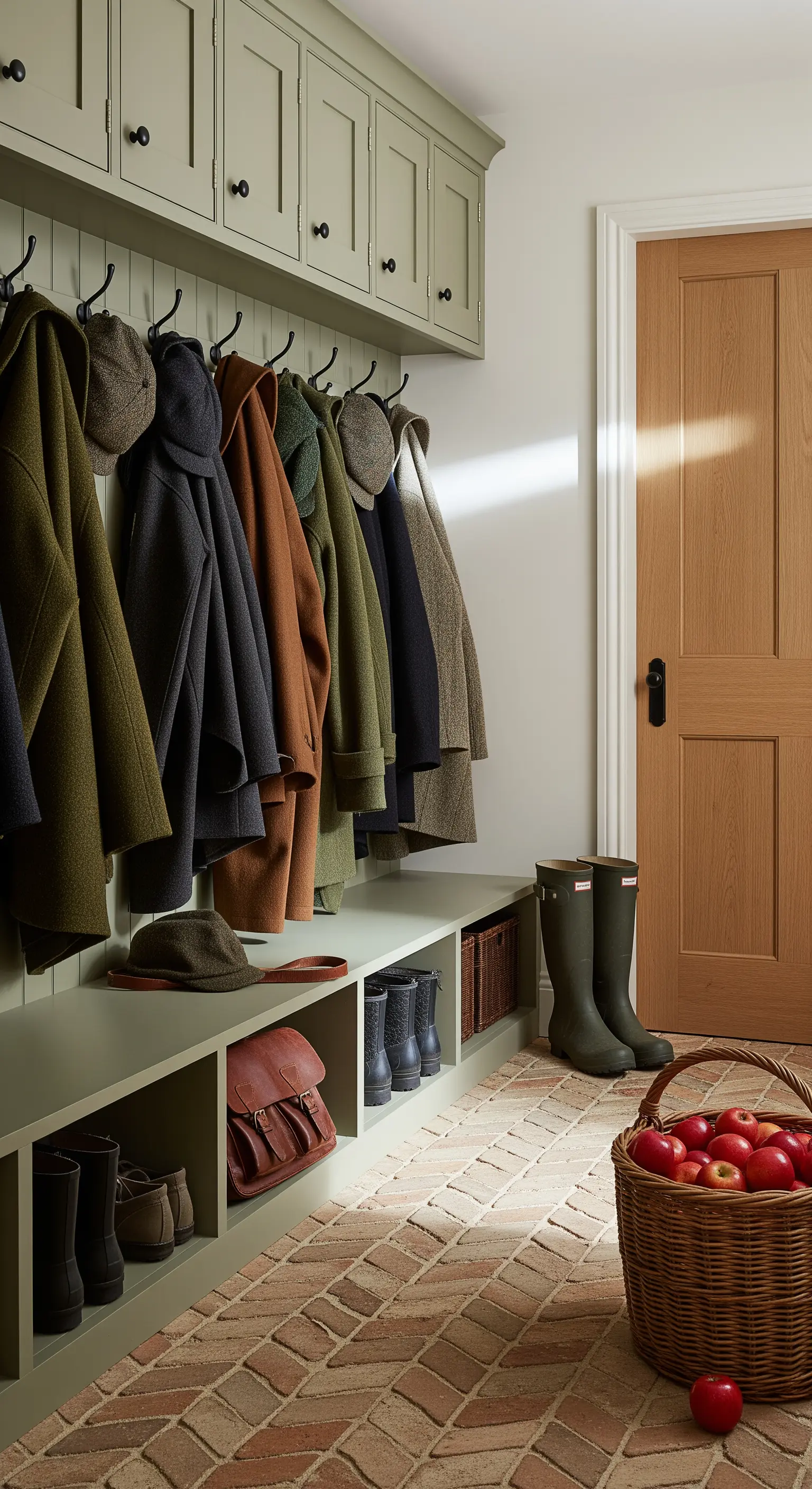 Olivgrüne Garderobe mit Gummistiefeln und Korb voller Äpfel