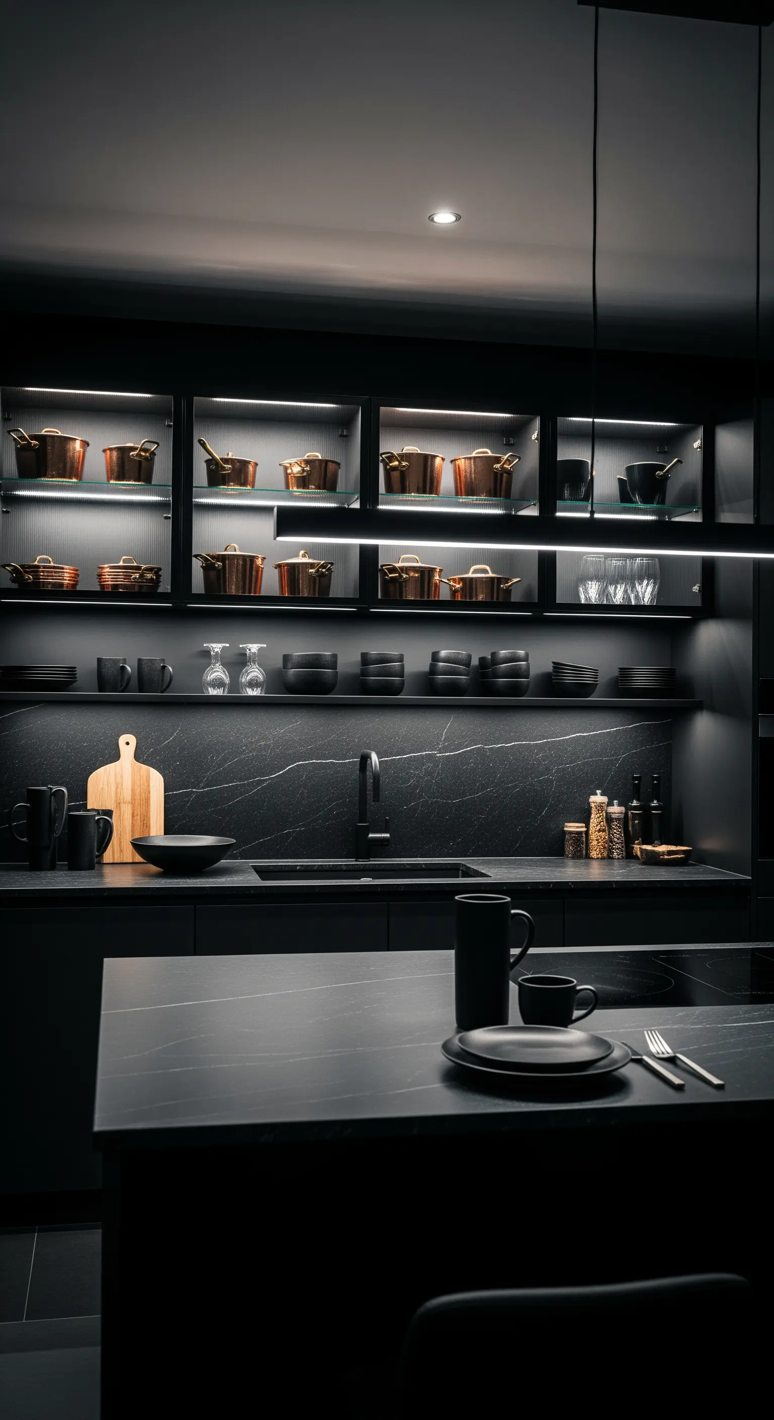 Küchenzeile mit beleuchteten Oberschränken voller Kupfergeschirr vor dunklem Hintergrund