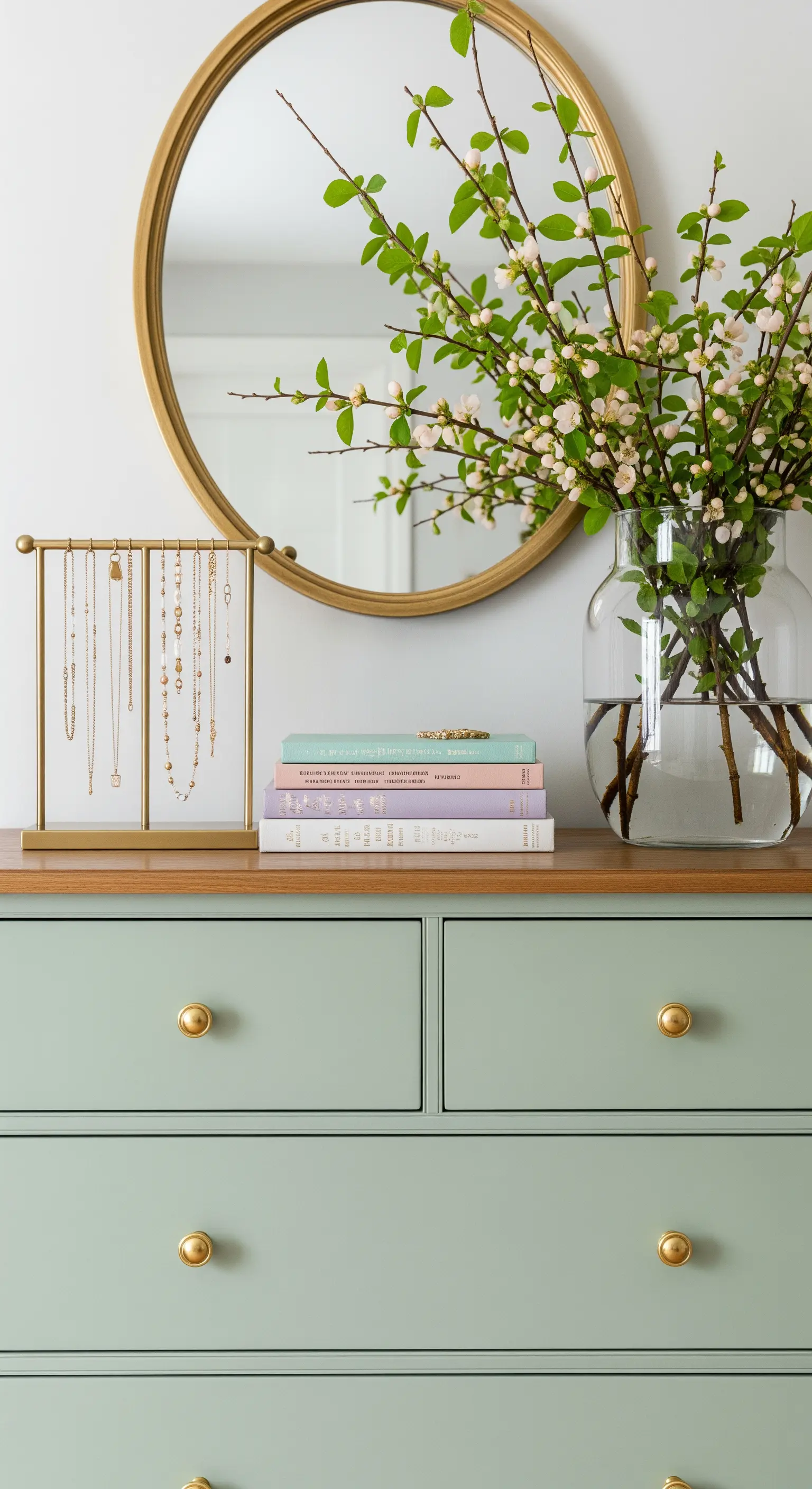 Grüne Kommode mit Schmuckständer und Blütenzweigen