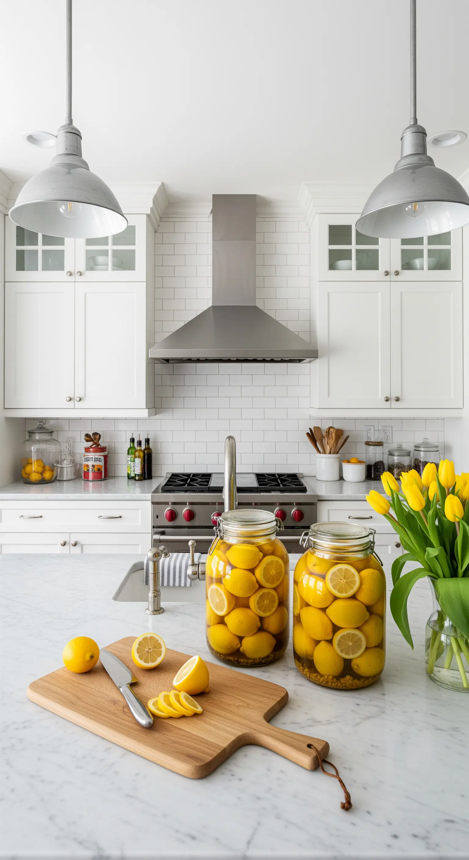 Große Einmachgläser mit eingelegten Zitronen auf Marmorplatte