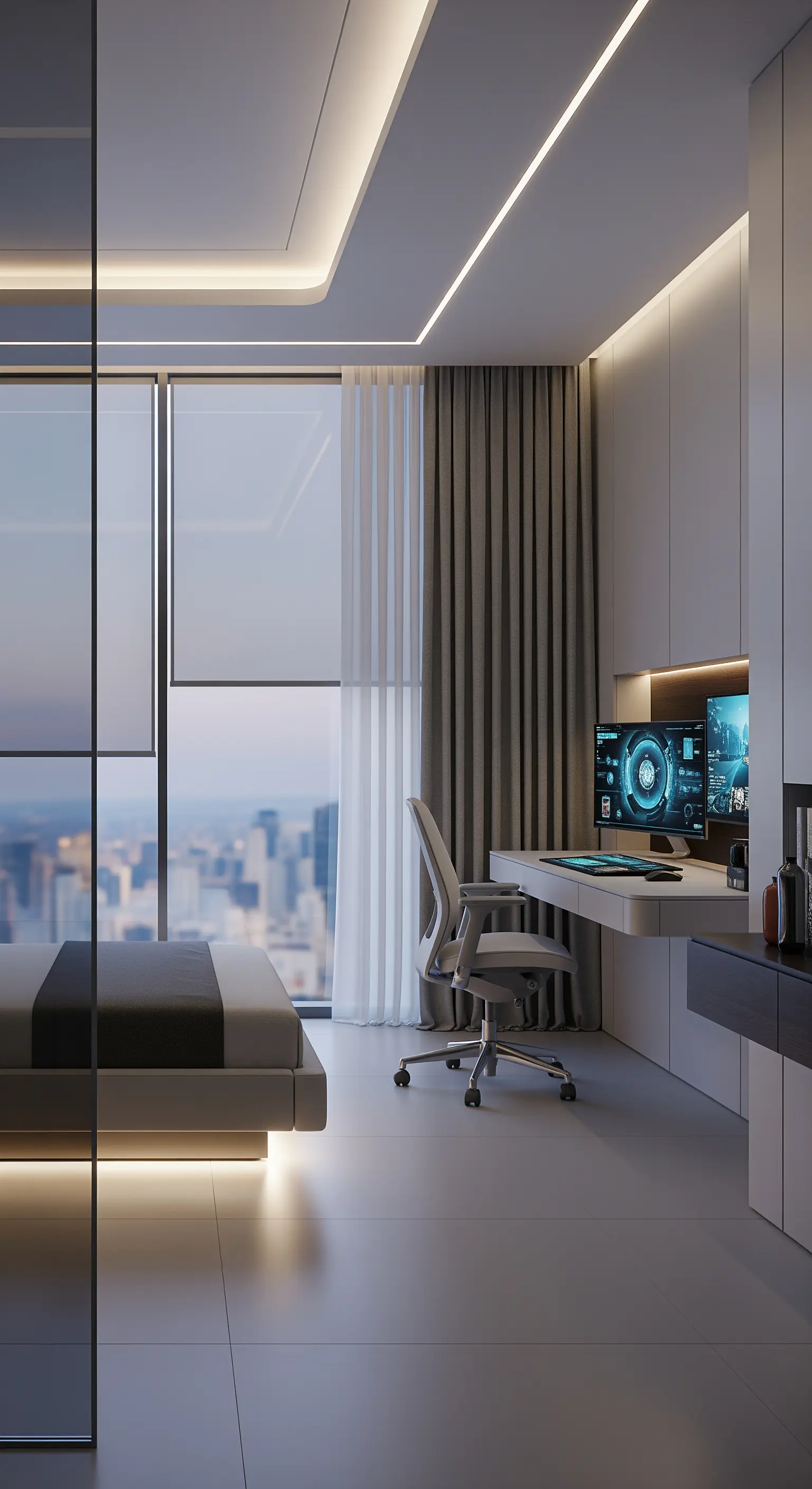 Graue Vorhänge in modernem Schlafzimmer mit Computer-Setup