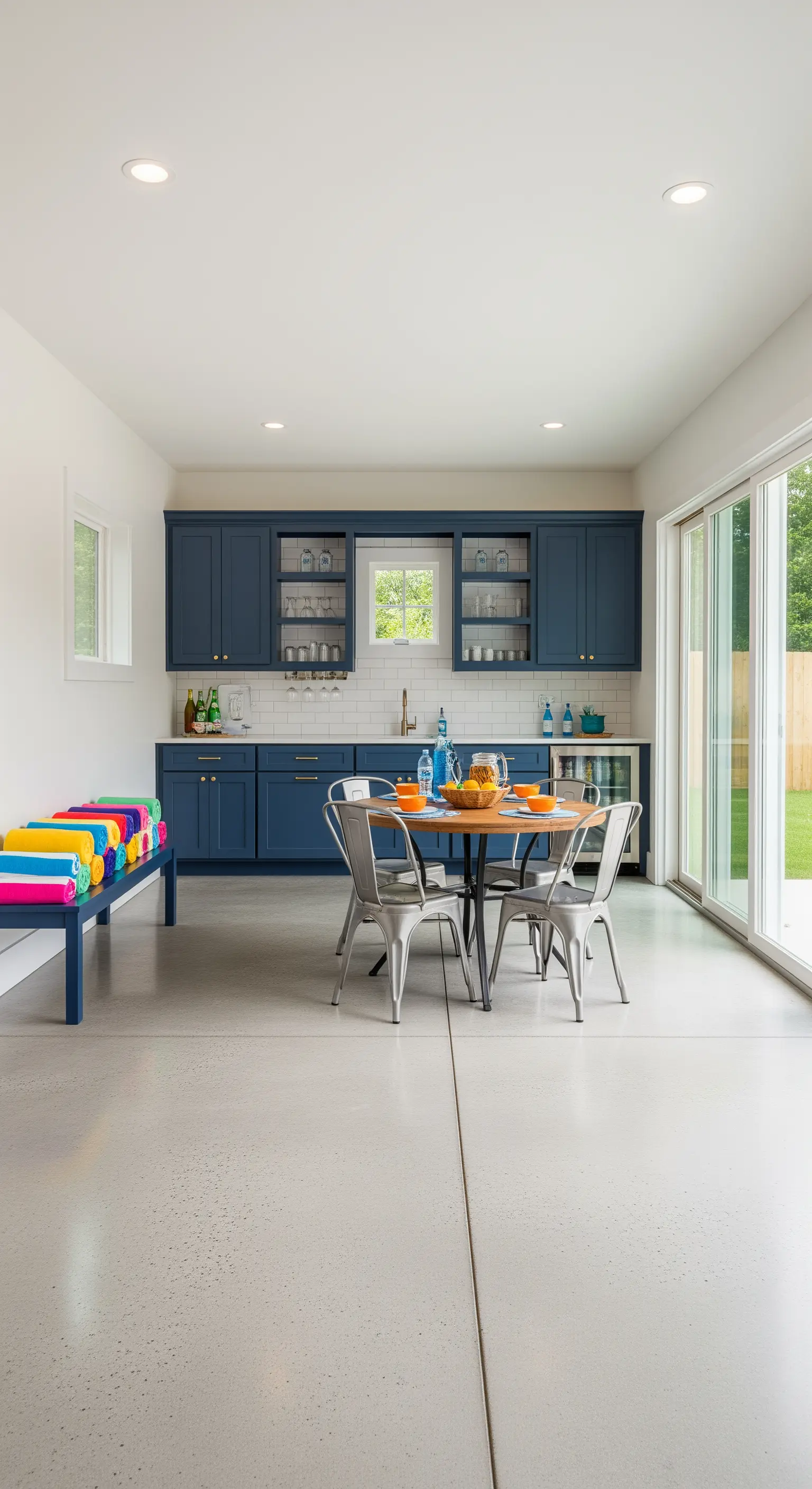 Poolhaus-Raum mit Betonboden und bunten Handtüchern