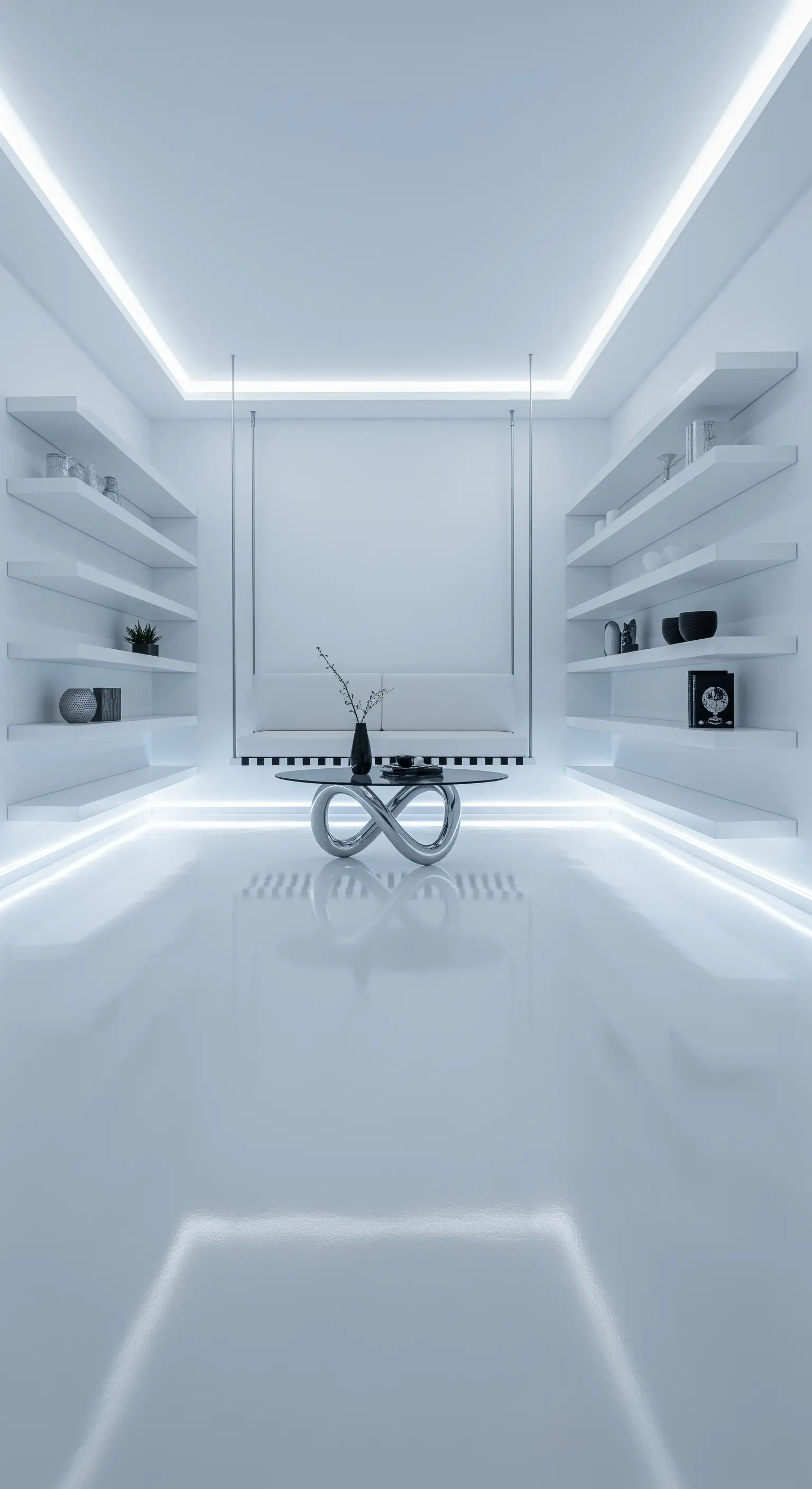 Futuristisches weißes Wohnzimmer mit LED-Bodenbeleuchtung