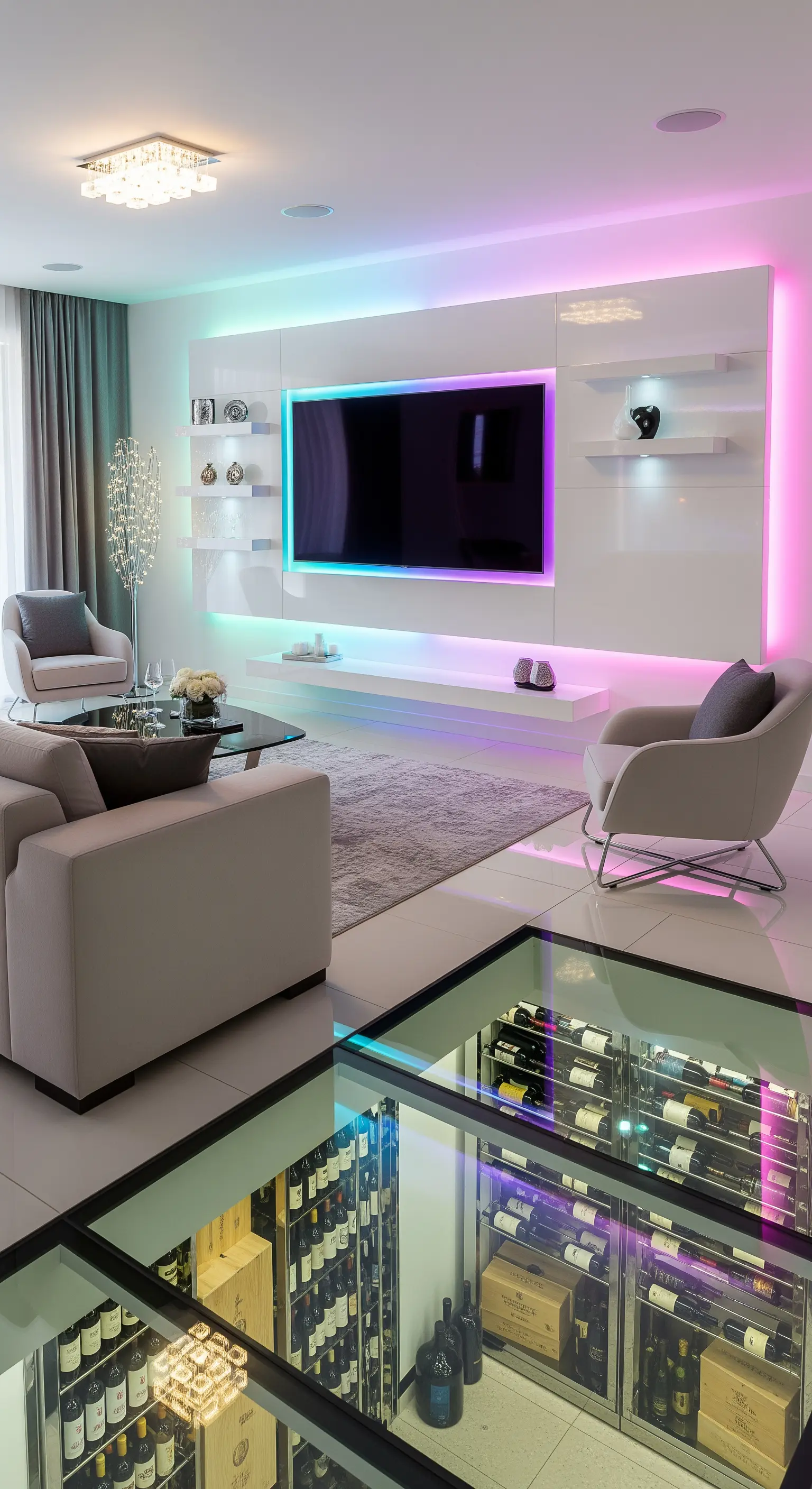 Weiße Hochglanzwand mit farbiger LED-Hinterleuchtung