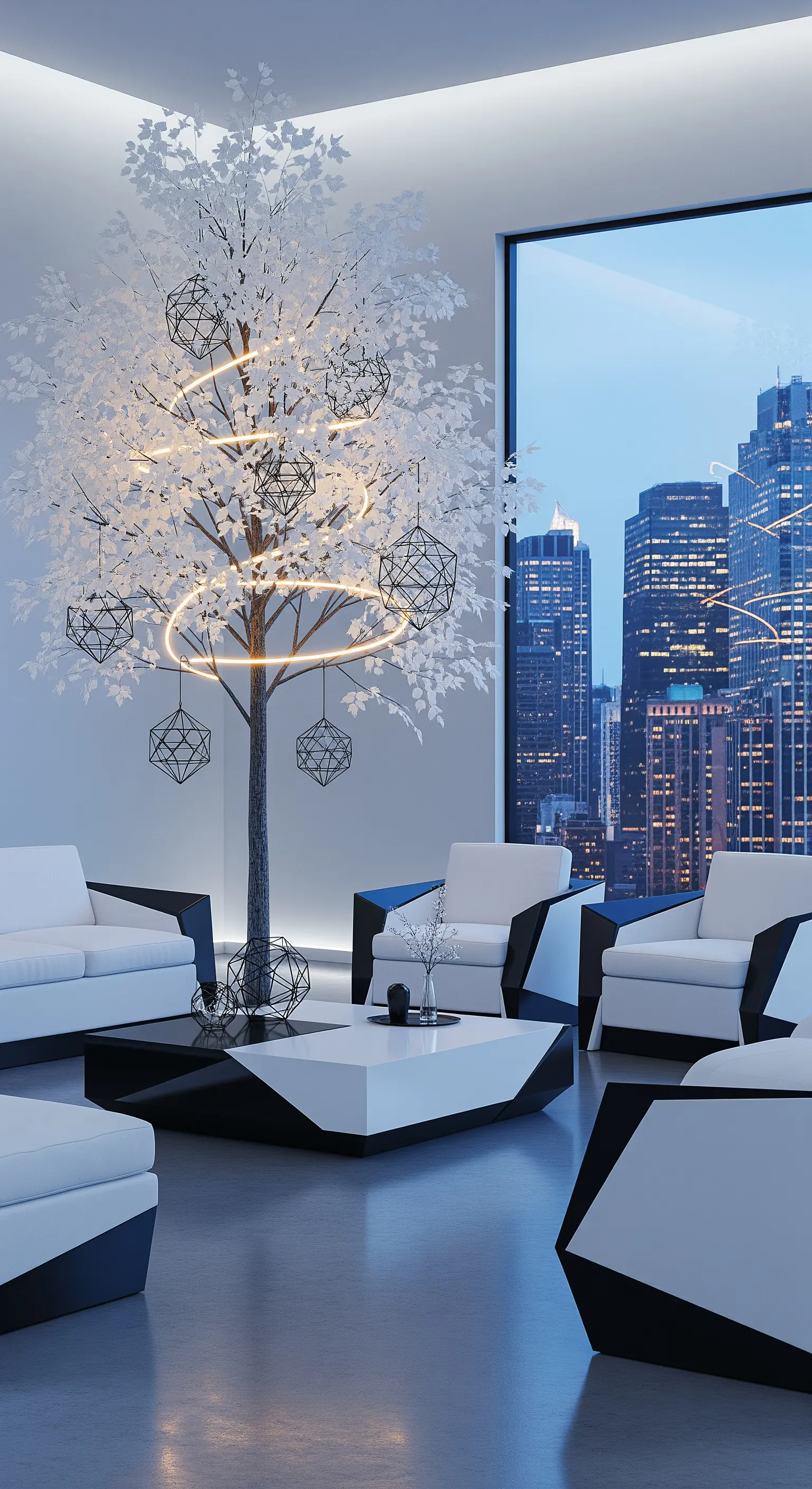 Weißer Design-Baum mit geometrischen schwarzen Formen vor Skyline