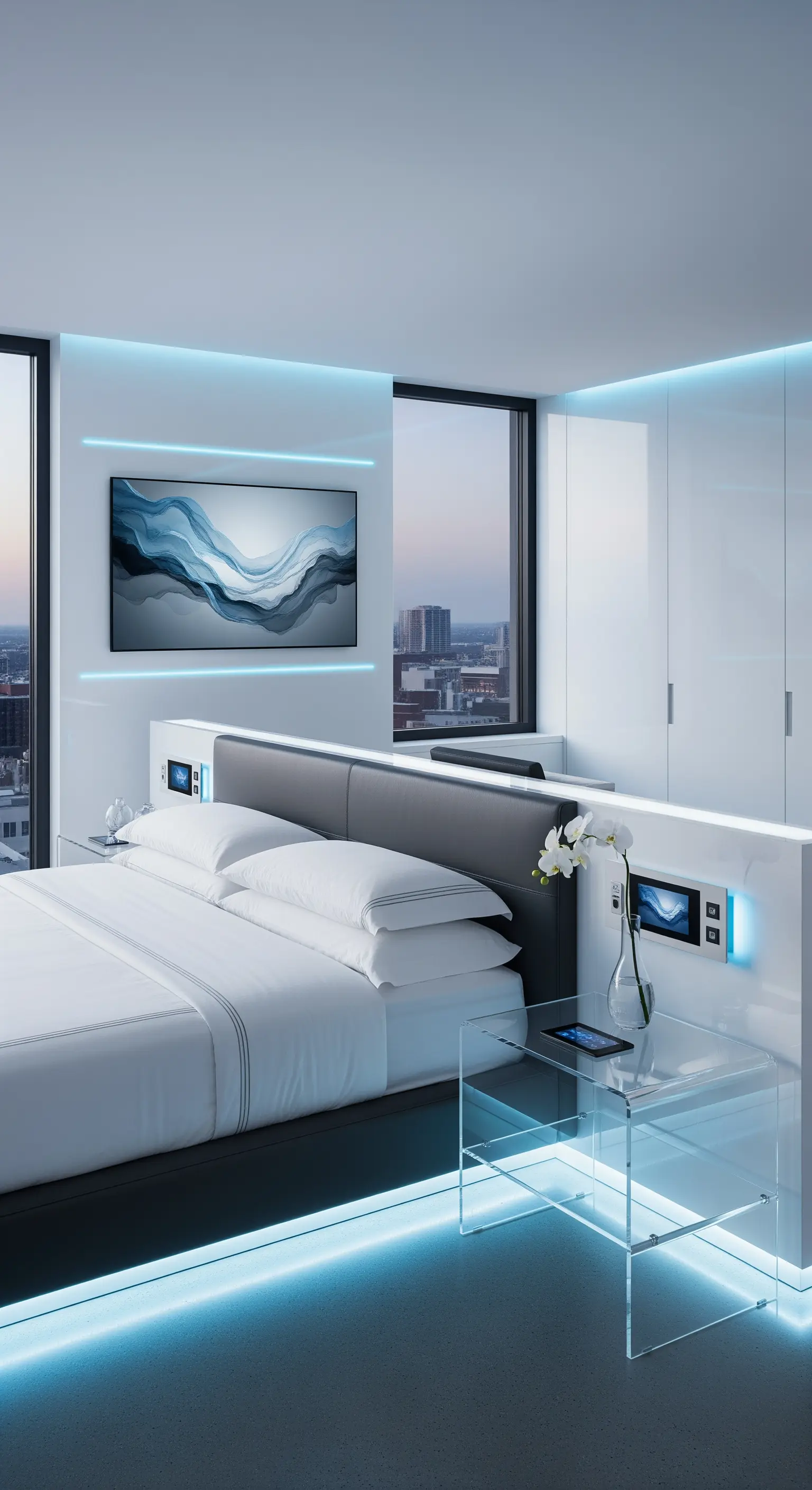 High-Tech Schlafzimmer mit blauer LED-Beleuchtung