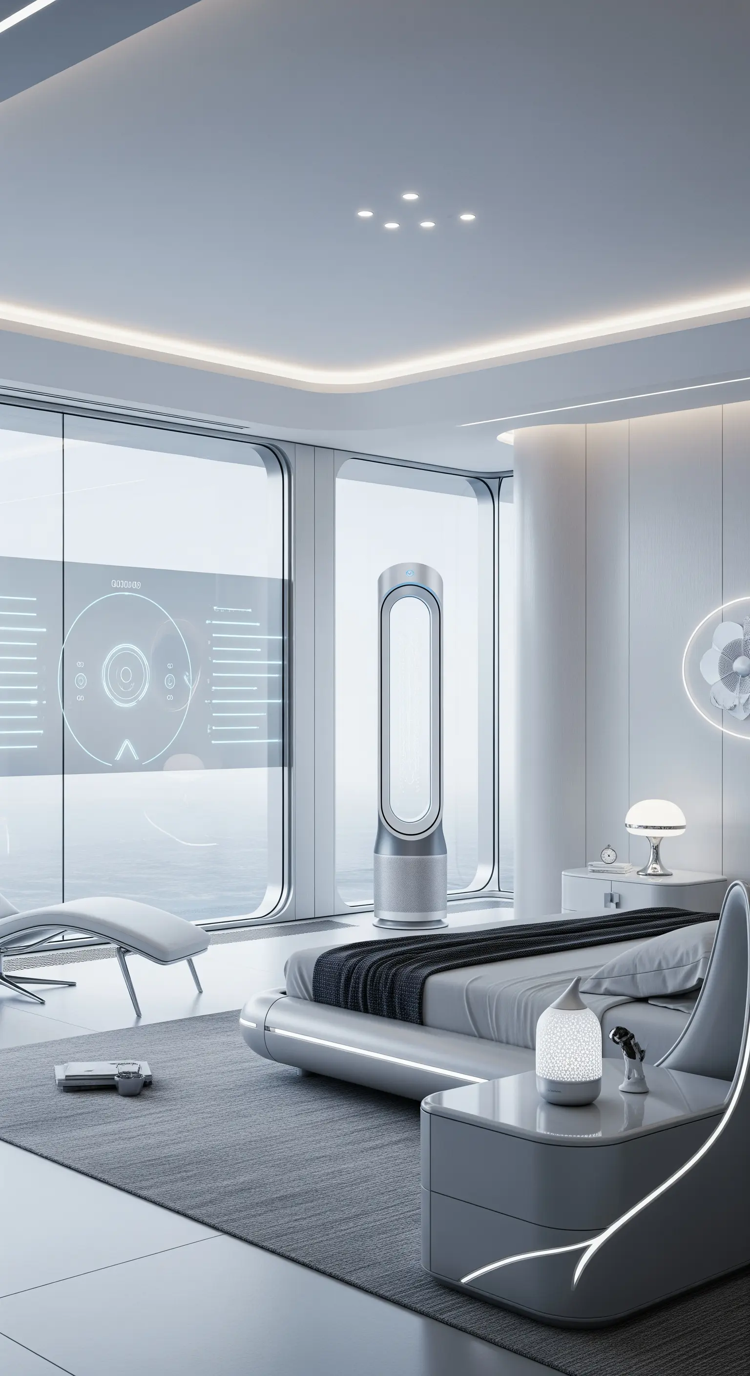 Futuristisches weißes Schlafzimmer mit Design-Luftreiniger