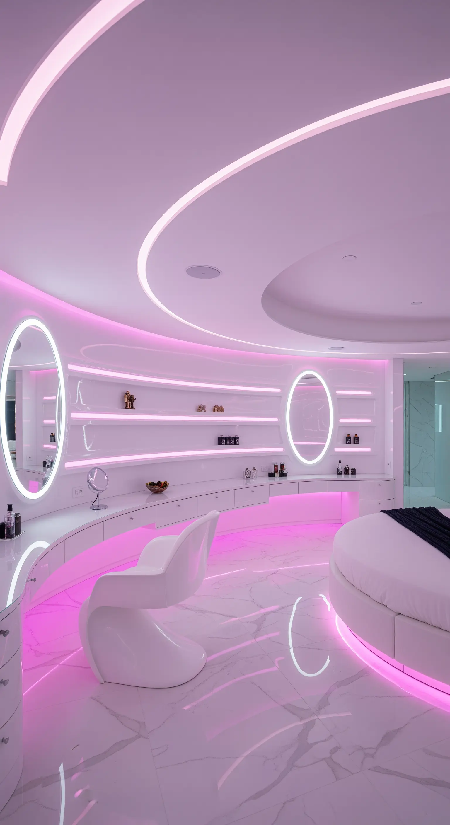 Weißer futuristischer Raum mit pinker LED-Beleuchtung