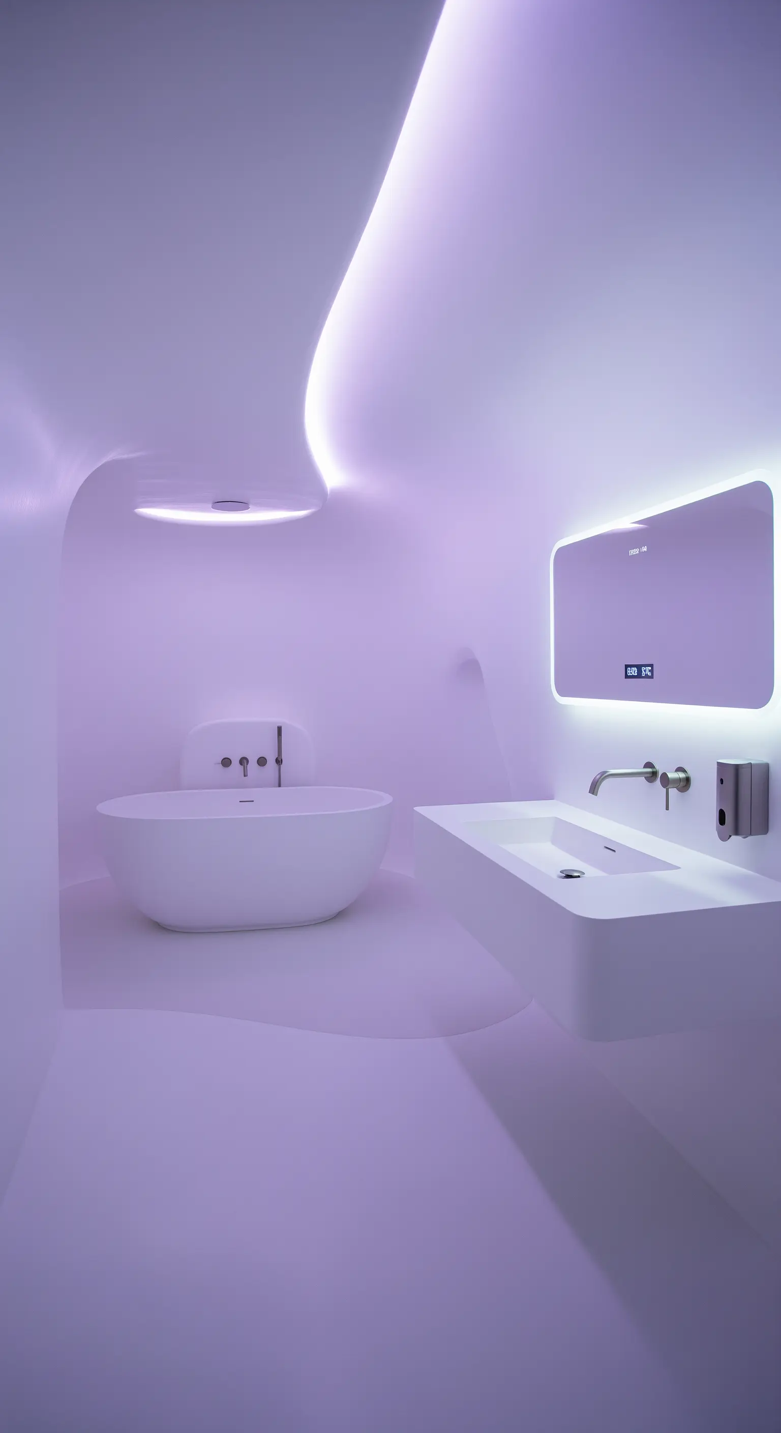 Futuristisches weißes Bad mit violetter indirekter Beleuchtung und kurvigen Wänden