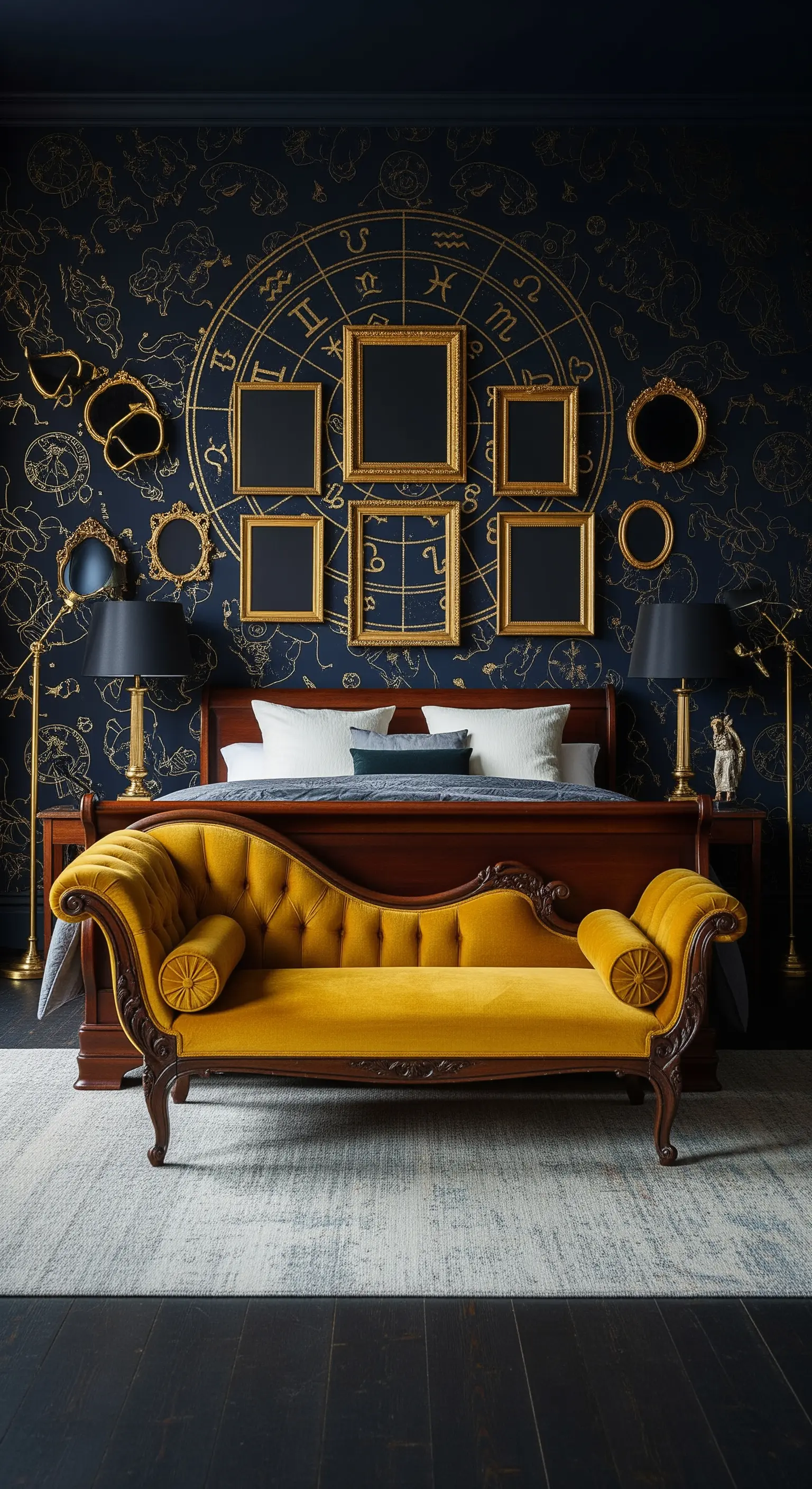 Blaue Sternenkarten-Tapete mit goldenen leeren Bilderrahmen