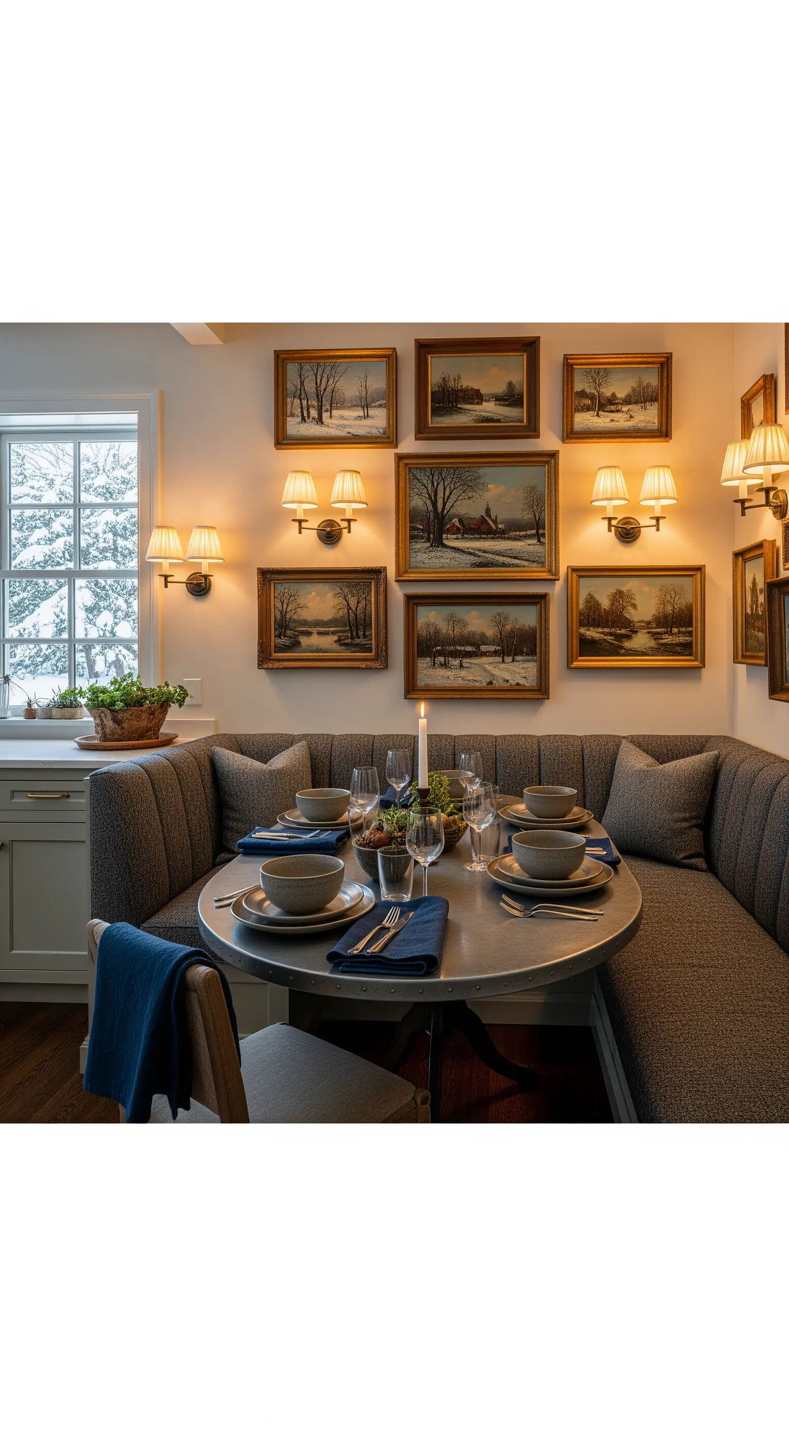 Wand voller gerahmter Wintergemälde über Sitzbank