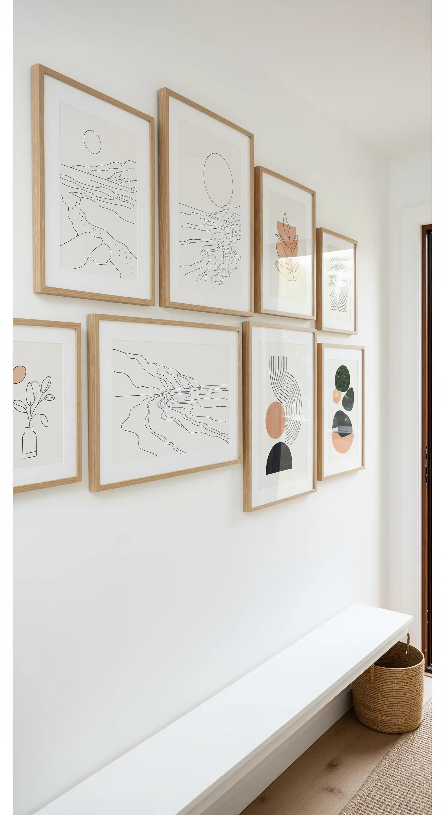 Flurwand mit vielen gerahmten minimalistischen Bildern und Bank