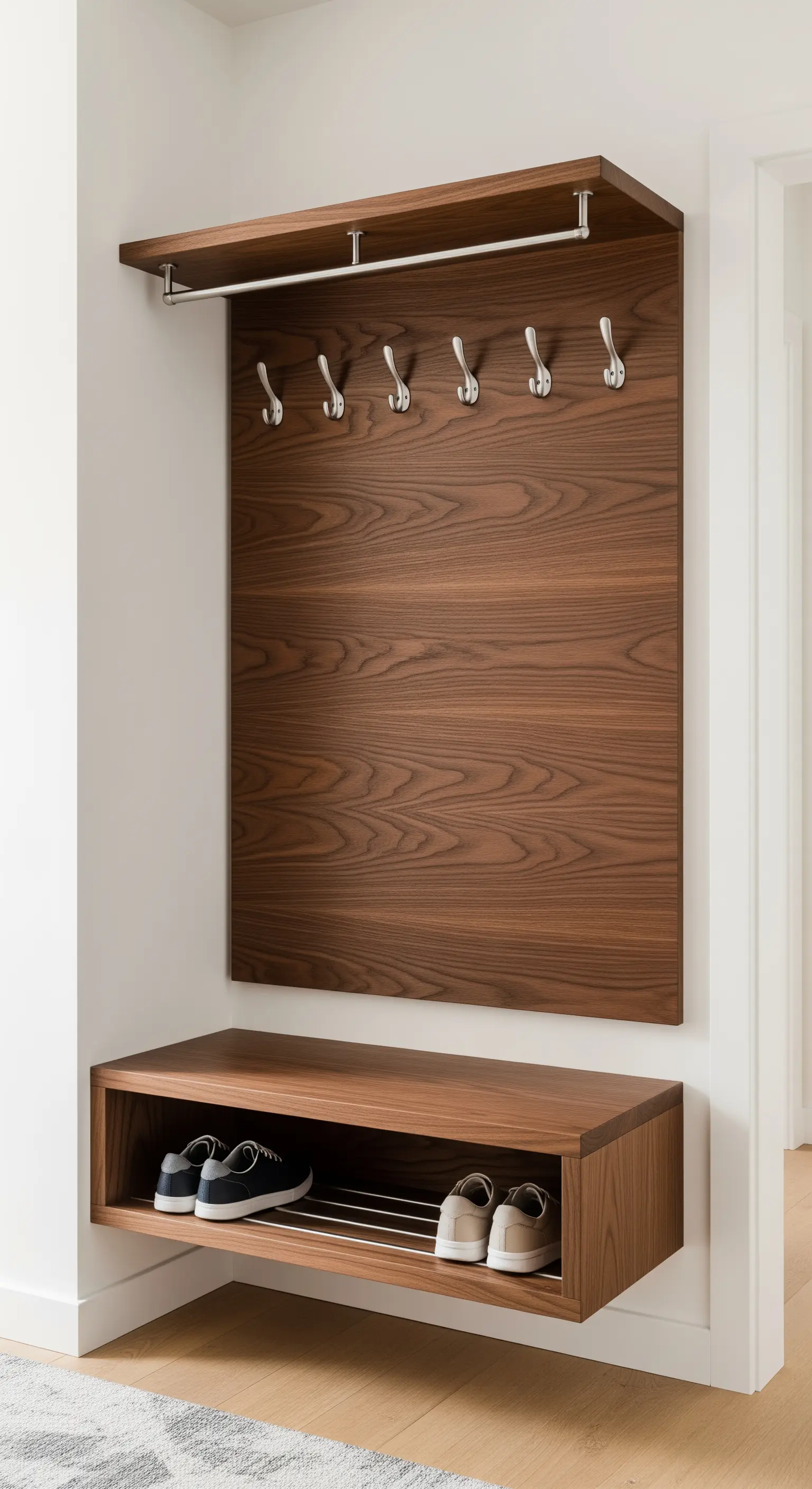 Dunkles Holzpaneel mit Haken und Sitzbank im Flur